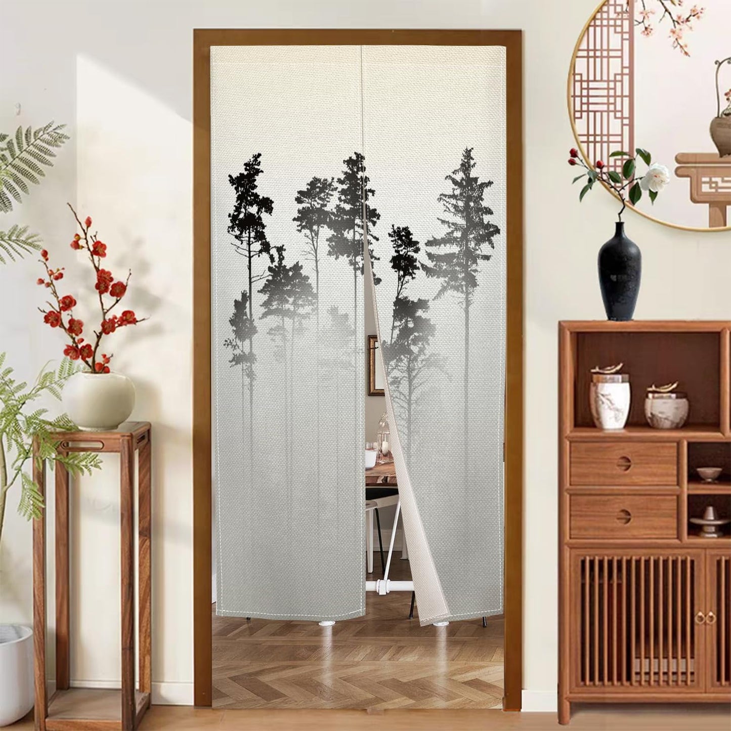 XMJJKUF Japanese Noren Doorway Curtain Long Style Japanese Window Treatment Tree Printed Door Curtain Tapestry Panel for Hanging Ukiyoe Room Divider Kitchen Home Decors(Ink,Trees),33.5"x 70.9"
