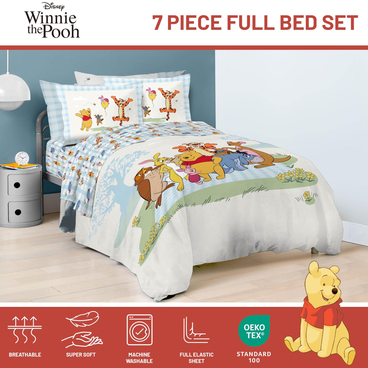 Jay Franco Kids Comforter Set Includes Sheets and Pillow Covers - Soft and Cozy Bed Set for Stylish Room Decor, Official Licensed Bedding, White - Winnie The Pooh, 7 Piece Full