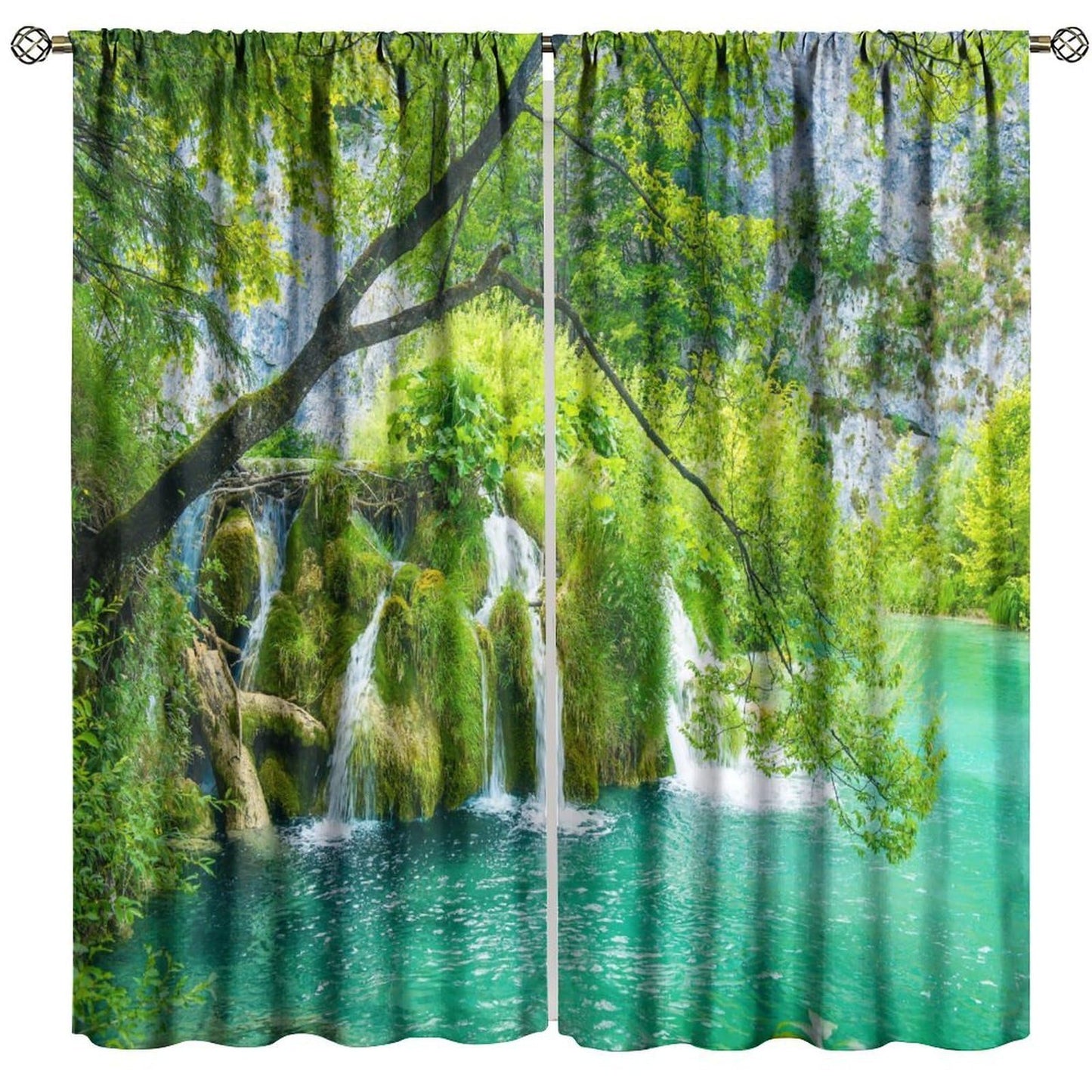 Nanacur Forest Waterfall Curtains, Nature Natural Scenery Rod Pocket Window Treatment for Living Bedroom Office Cafe Kitchen Drapes 41" W X 45" L (No Blackout)