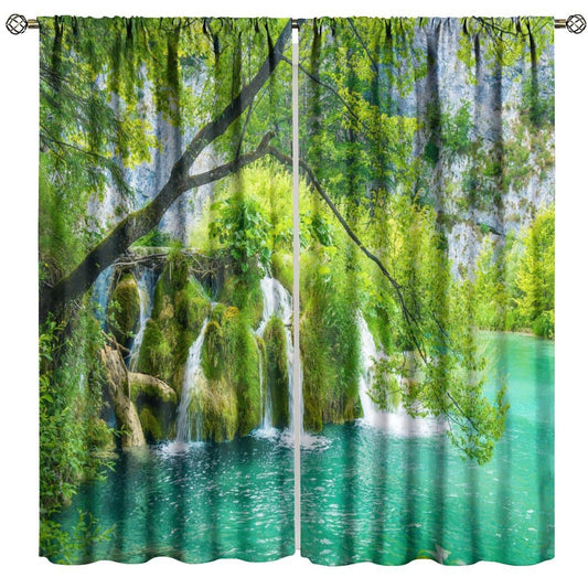 Nanacur Forest Waterfall Curtains, Nature Natural Scenery Rod Pocket Window Treatment for Living Bedroom Office Cafe Kitchen Drapes 41" W X 45" L (No Blackout)