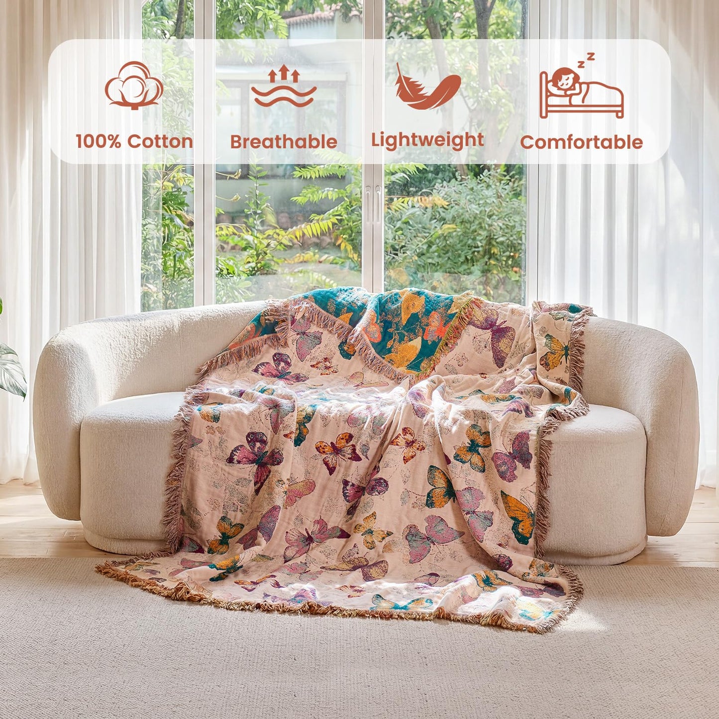 MSGKV Boho Throw Blanket for Bed Cotton Butterfly Twin Size Couch Blanket 60"x80" Muslin Summer Breathable All Seasons Lightweight Farmhouse Blankets