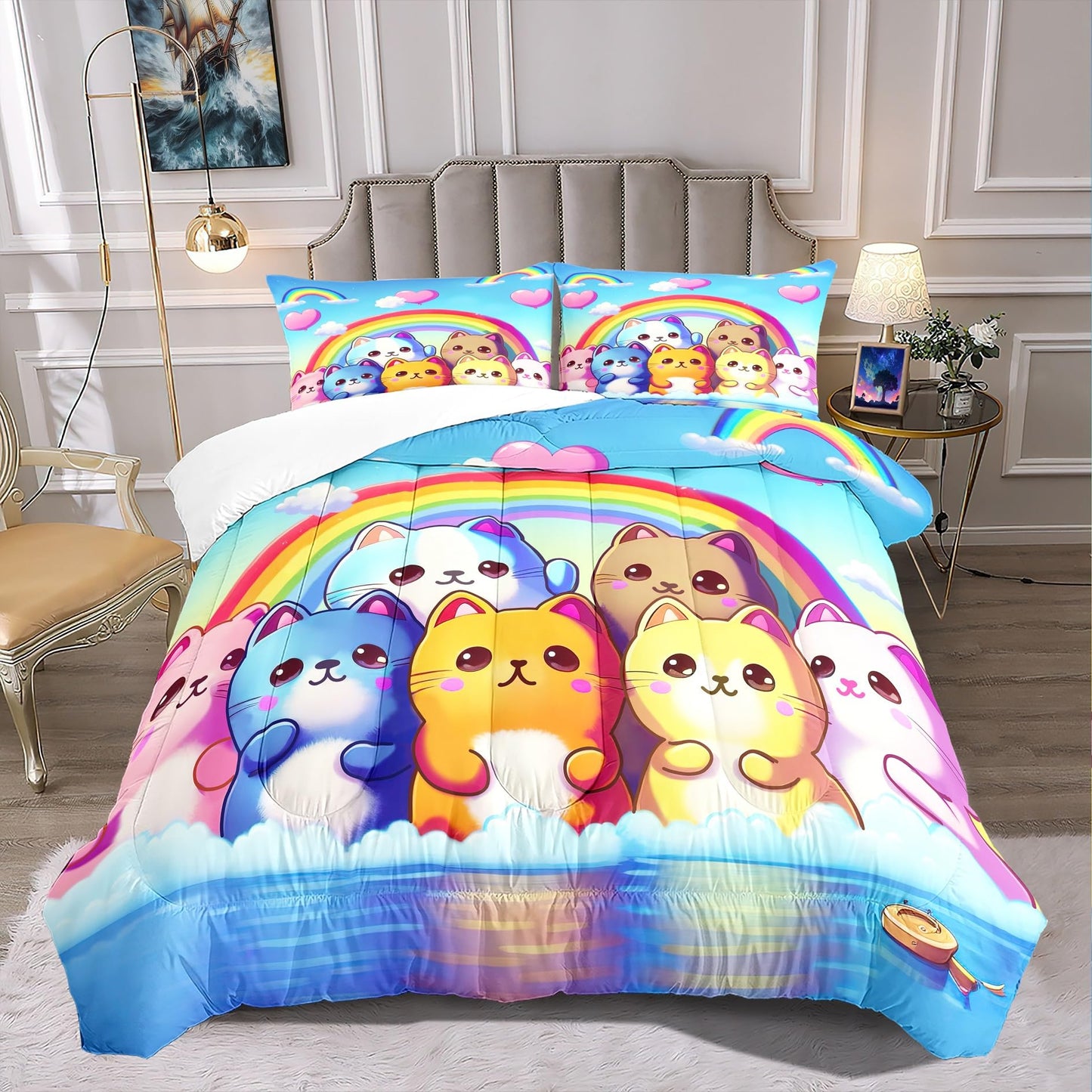 Jiospet Rainbow Cat Comforter Full Size - Rainbow Cat Bedding for Girls Room Cute Cartoon Rainbow Bedding Full Comforter Sets for Kids, 1 Comforter+2 Pillowcases
