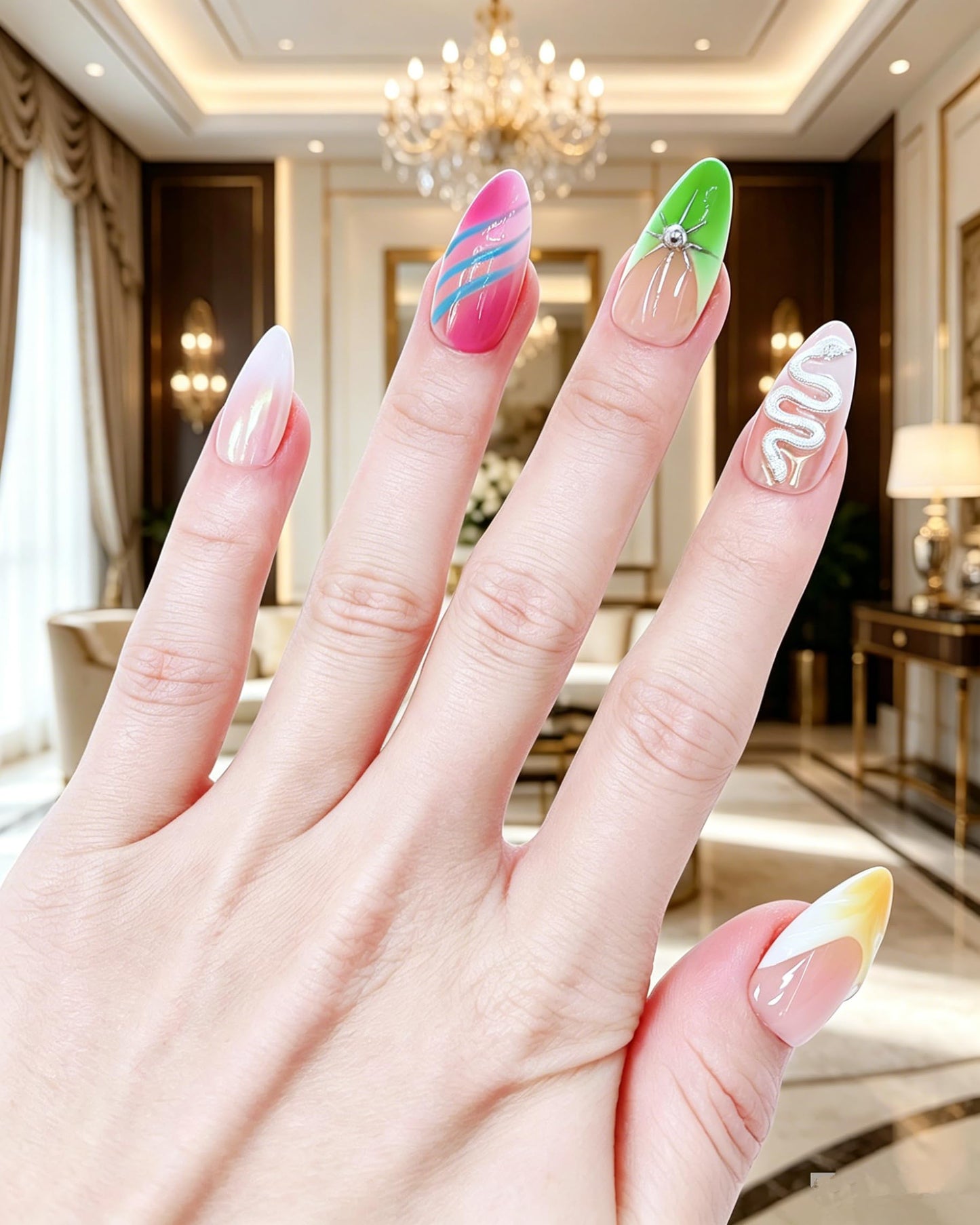 CAMILCY Luxury Handmade Press On Nails Y2K Gradient Long Almond Fake Nails 3D Silver Green Orange Pink Swirl Acrylic Nail Tips Salon Quality Reusable Gothic Trendy False Nails for Women (A139, M)