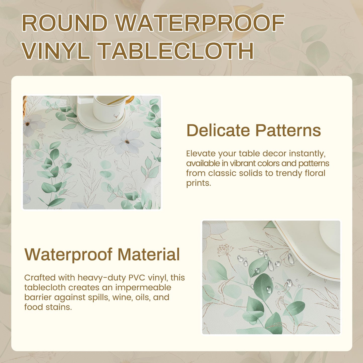 Fhberni Heavy Duty PVC Tablecloth with Vibrant Floral Prints Waterproof & Wipeable & Durable Plastic Table Cover for Parties, Weddings, Holiday Decor(Round 55'', Green 2)