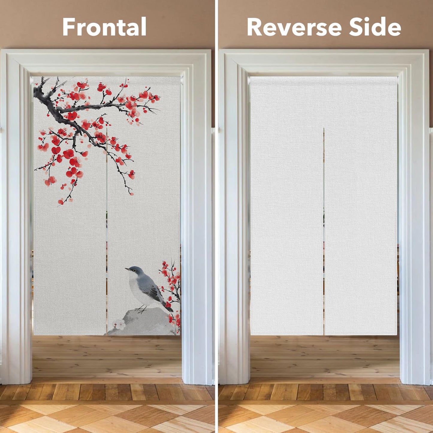 Leowefowa Long Japanese Noren Doorway Curtain Chinese Style Window Treatment Bird Printing Hanging Door Curtain Tapestry Panel for Room Divider Home Kitchen Decorations (Red, Blossom), 33.5"x 70.9"