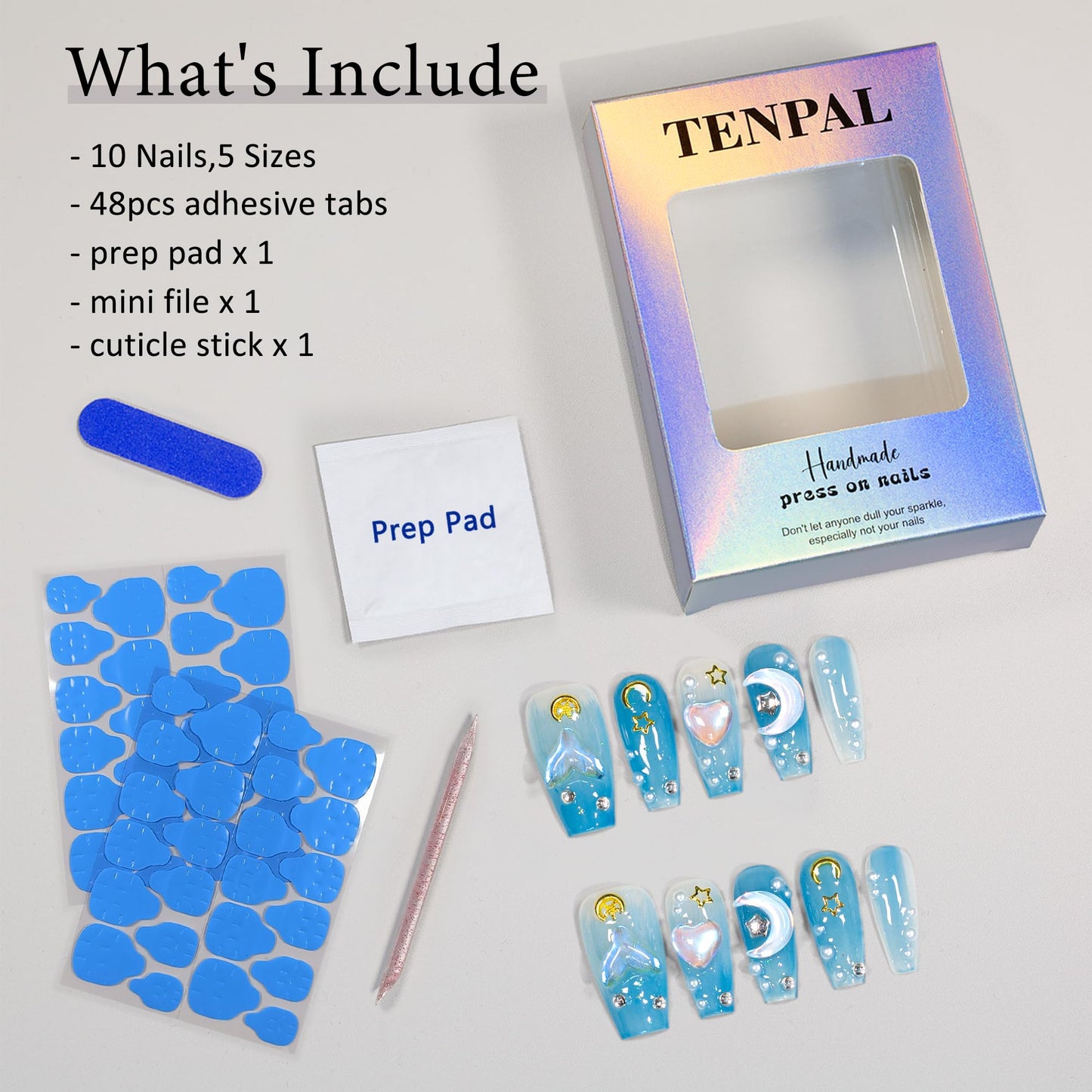 TENPAL Blue Mermaid Ombre Handmade Press on Nails Coffin,10Pcs 3D Glowing Hearts Seashells Designs Glue on Nails Kit,Ocean Siren Vibes Fake Nails for Summer, Sea Nails for Dressing(XS)
