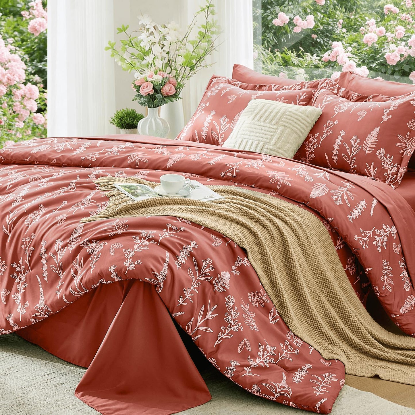 MUXHOMO Terracotta Bed in a Bag Queen 7 Pieces, Queen Comforter Set Reversible Botanical Flowers Design, Ultra Soft & Breathable Bedding Sets with Comforter, Sheets, Pillowcases & Shams