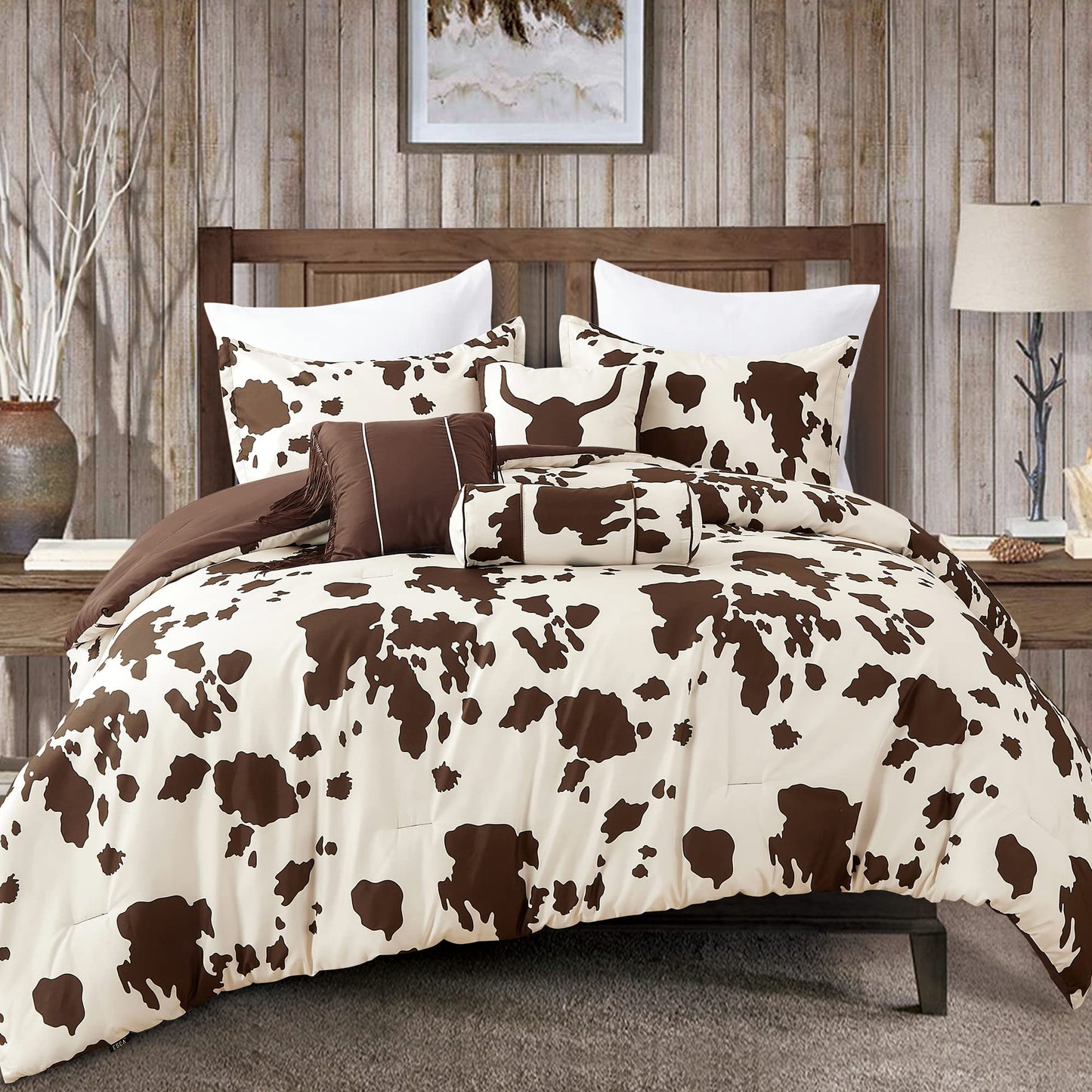 Artistic Home Textiles 6-Piece Cow Print Comforter Set, Western Farmhouse Bedding Set, Brown & Cream Microfiber Bed in a Bag with Decorative Pillows (Cowboy 6pcs, King