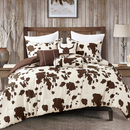Artistic Home Textiles 6-Piece Cow Print Comforter Set, Western Farmhouse Bedding Set, Brown & Cream Microfiber Bed in a Bag with Decorative Pillows (Cowboy 6pcs, King