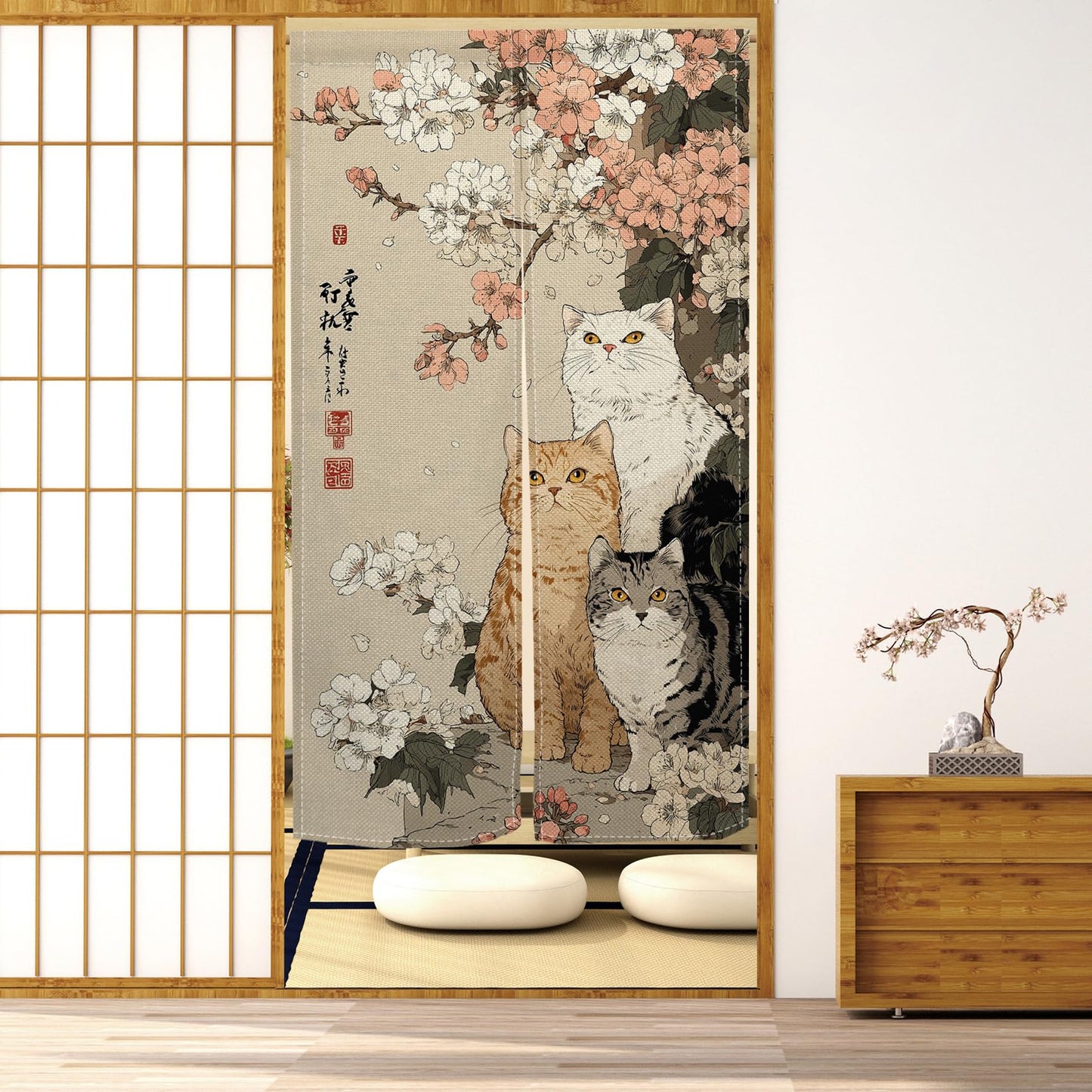 Leowefowa Noren Japanese Doorway Curtain Cat with Cherry Blossom Traditional Chinese Printed Door Curtains Retro Floral Animal Window Treatment Panel for Room Divider Home Kitchen Decor, 33.5x59inch