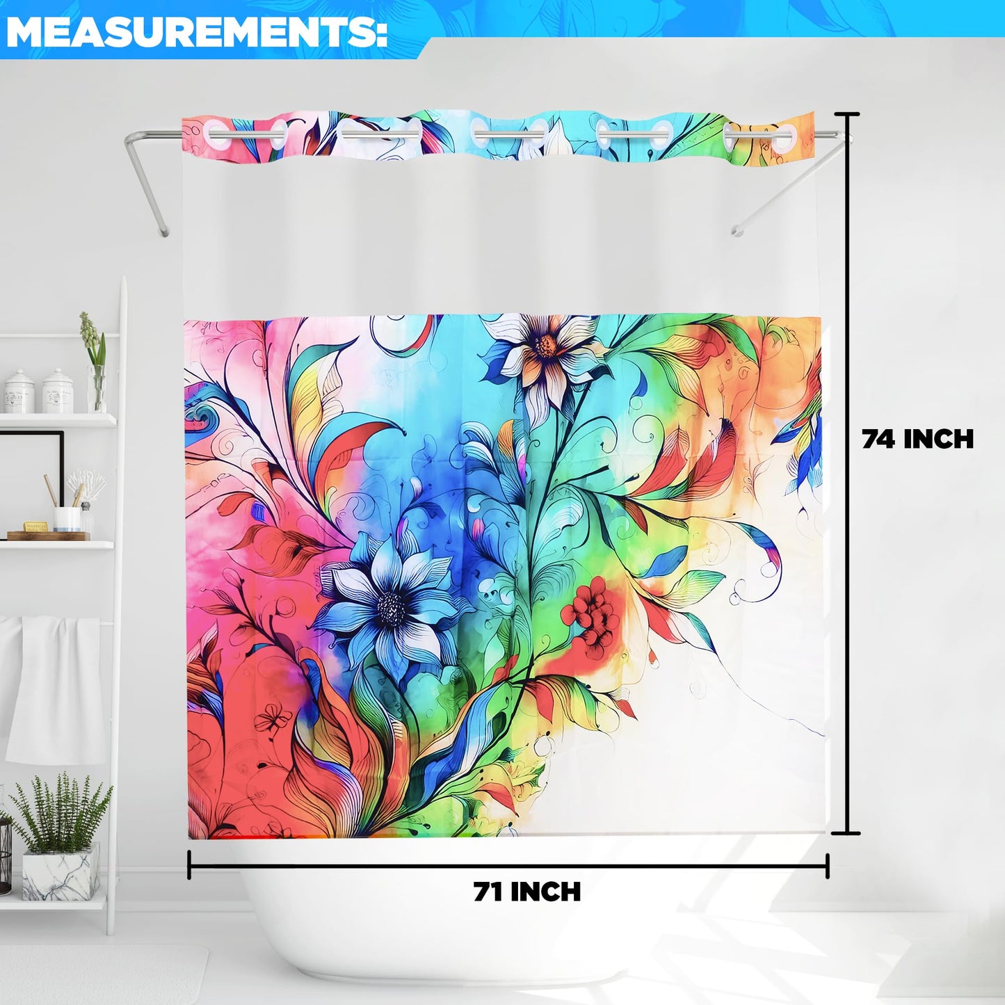 ShowerGeek Hookless Boho Floral Shower Curtain with Snap-in Liner Set, Vibrant Watercolor Fabric, See Through Sheer Window, Washable, 3 Magnet Weights, No Hook, Waterproof, Farmhouse - Standard Size