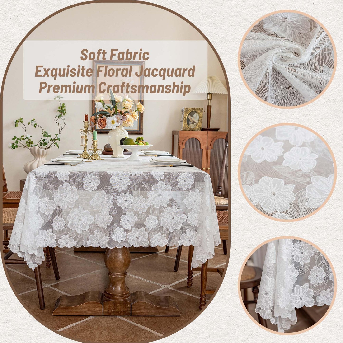 Floral Lace Cutout Rectangular Tablecloth Elegant Jacquard Lace Table Cover Romantic Farmhouse Tablecloth Decorative Dining Table Cloth for Kitchen, Dining Room, Wedding, Party (Camellia, 55''x86'')