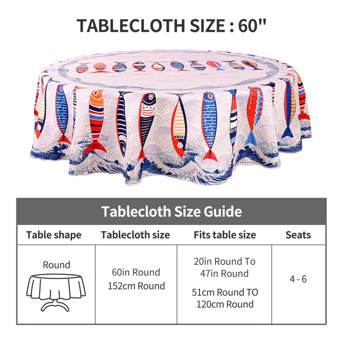 juniissl Fish Tablecloth Washable Round Table Cover for Kitchen Dining Decoration 60 Inch