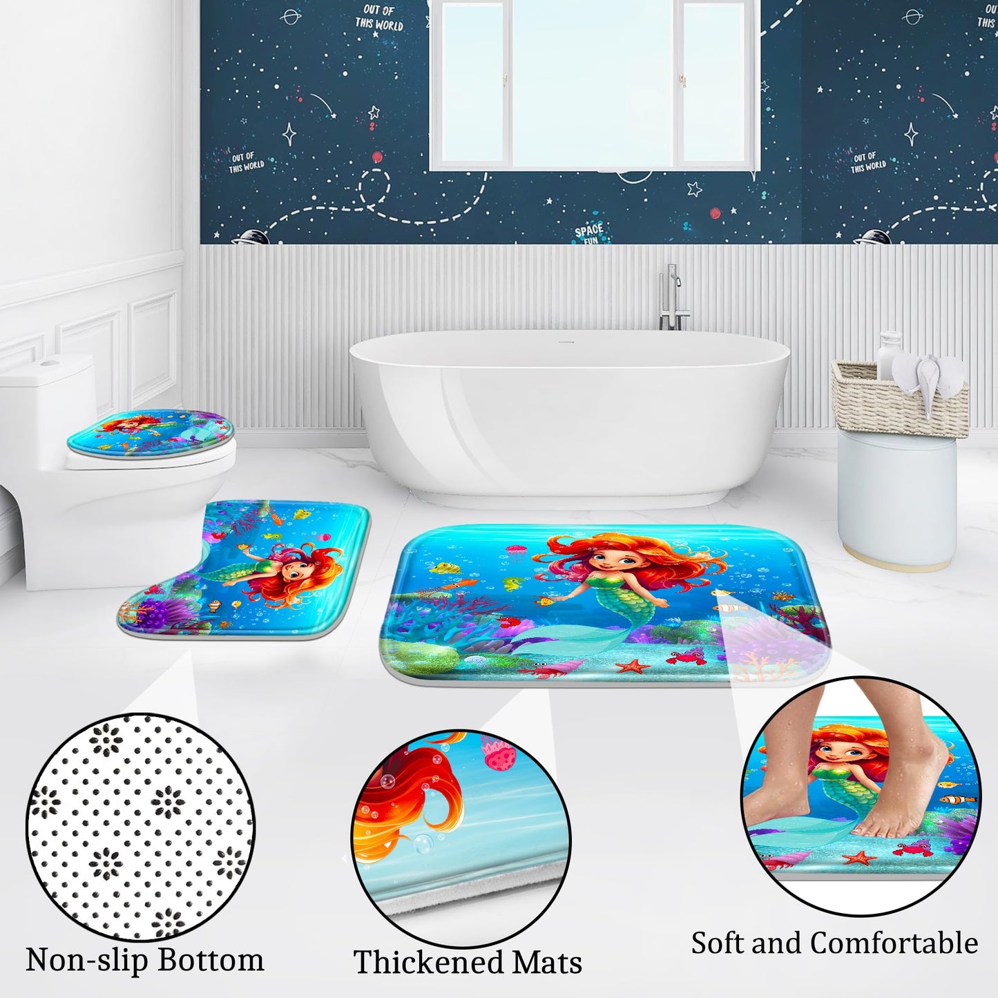 Poedist 4 Pcs Bathroom Shower Curtain Set,Kid's Bathroom Set,Kid's Shower Curtain Sets with Rugs(Bath Mat,U Shape and Toilet Lid Cover Mat) and 12 Hooks