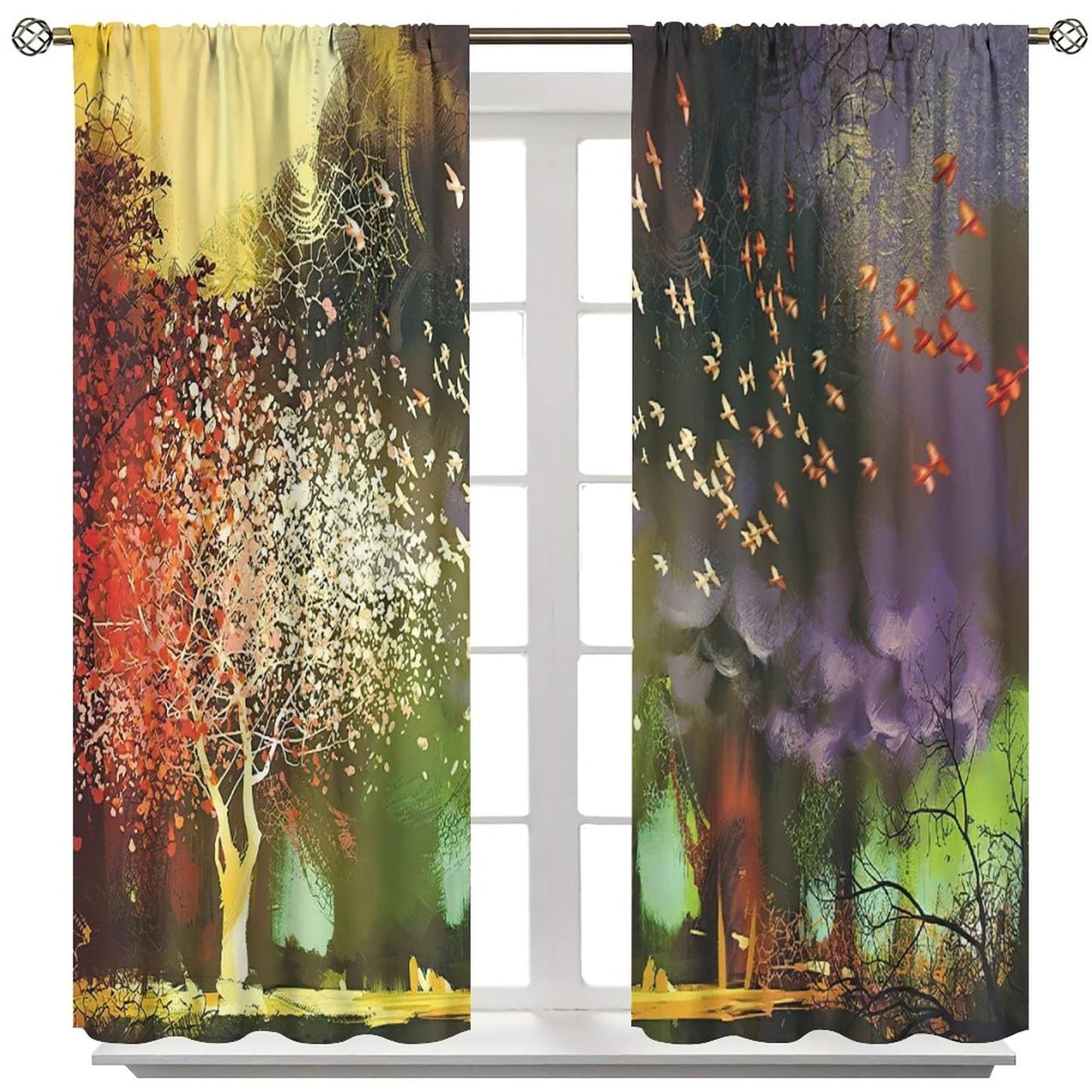Fantasy Forest Blackout Window Curtain, Forest with Mysterious Trees and Birds Supernatural Vivid Wo for Girls Boys Living Room Bedroom Decor Window Drapes 2 Panels 42x45 Inch