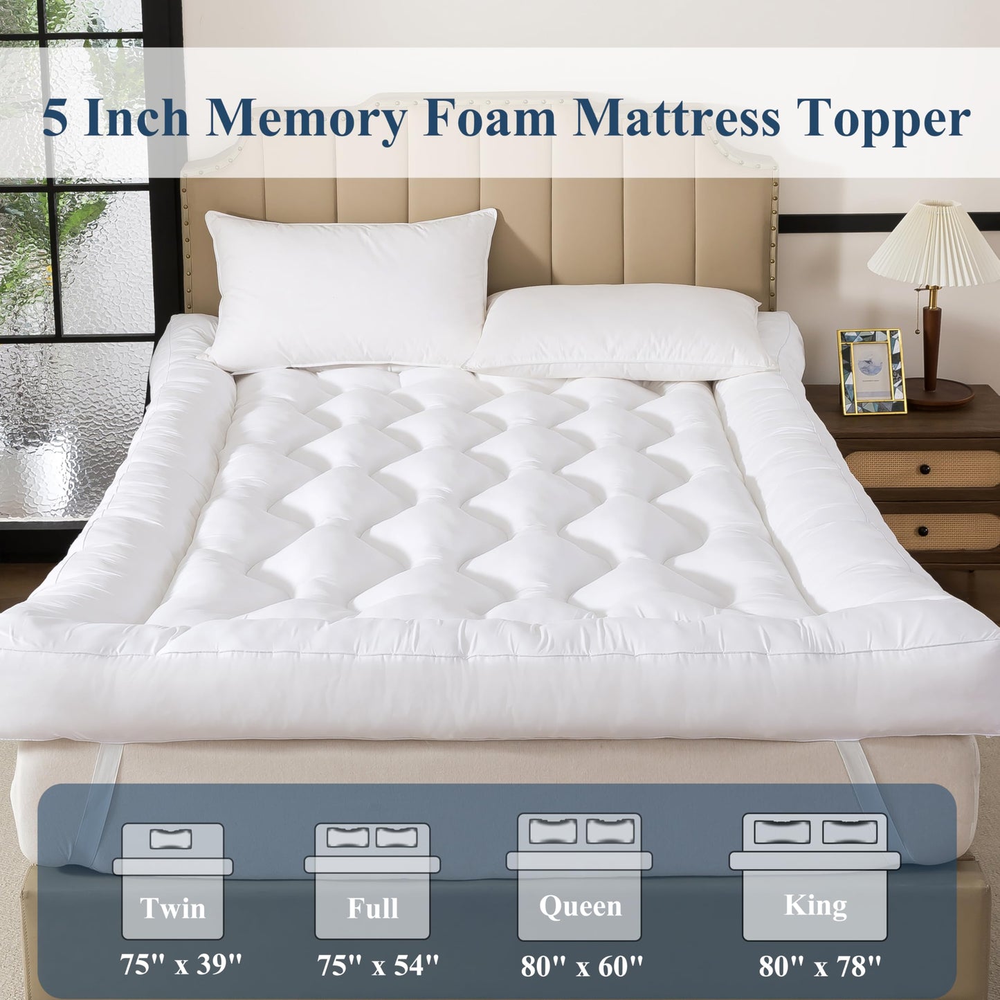 ELNIDO QUEEN® 5 Inch Memory Foam Mattress Topper Queen Size, Breathable Gel Memory Foam Bed Topper, 2000 GSM Fill, Soft Fluffy Supportive Pillow Top Mattress Pad for Back Pain Relief, 80x60x5 Inch