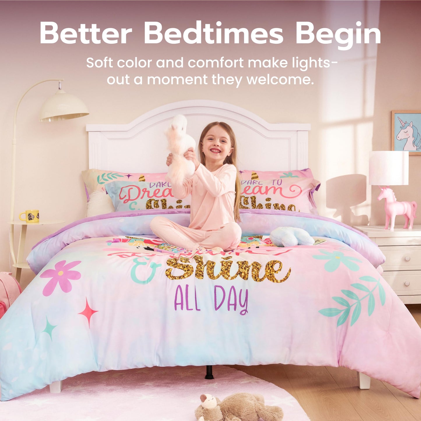 Joiedomi Kid Full Comforter Set 7 Piece Unicorn Bedding Set for Boys Girls Super Soft Microfiber Bed in a Bag with Comforter Sheets Pillowcase & Sham