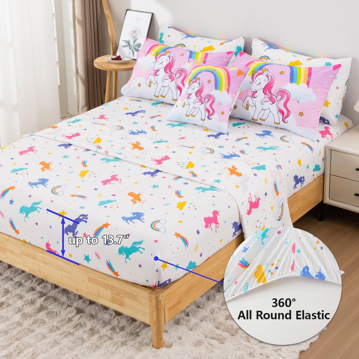 Keyroal Unicorn Twin Bedding Sets for Girls Kids Teens, 6 Piece Bed in a Bag Purple Rainbow Theme Unicorn Comforter Set Bedroom Decor with Printed Sheet Set