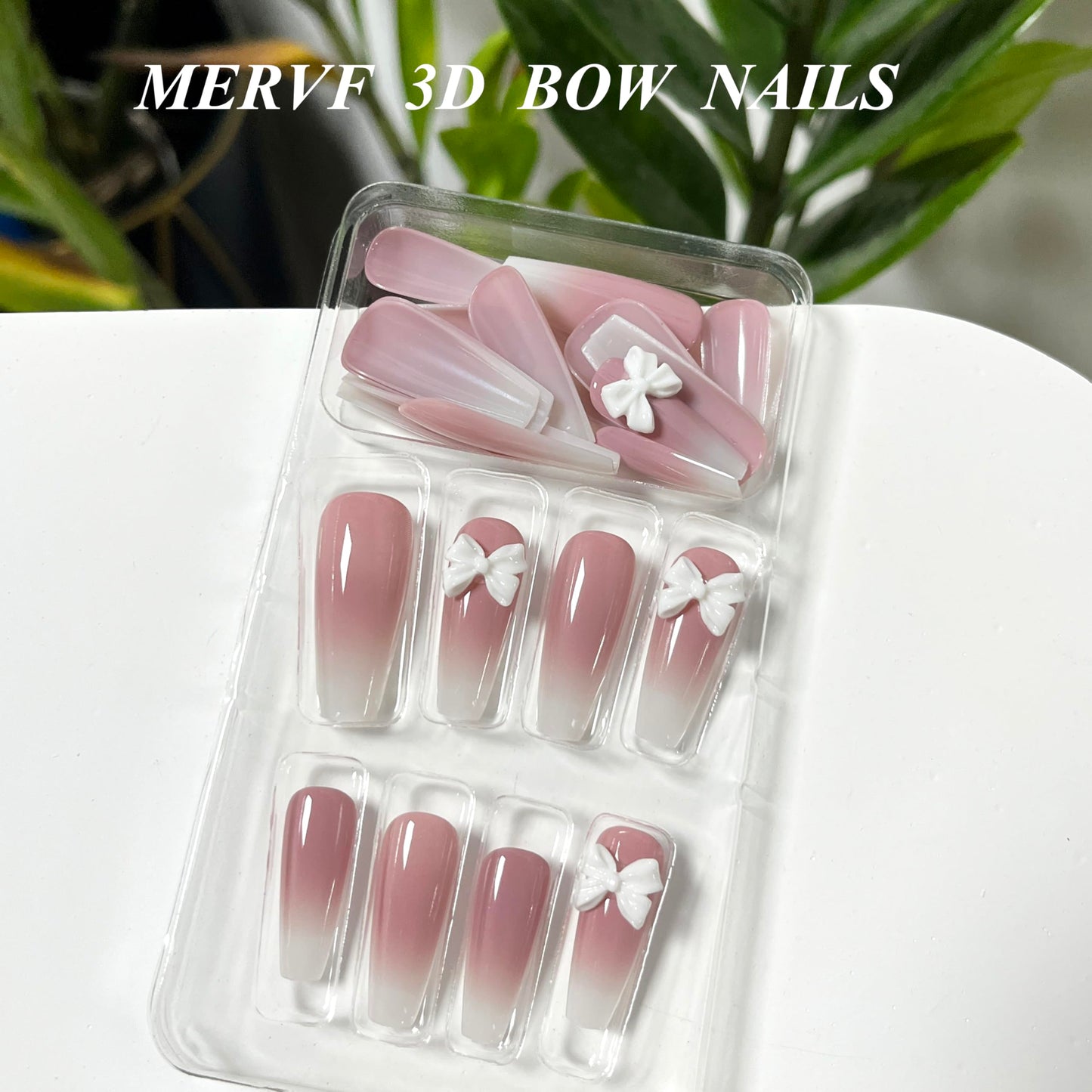 MERVF Long Press on Nails Coffin - White Ombre French Tip Fake Acrylic Nail Glue ons, 3D Bow Design 24pcs Glossy Finish