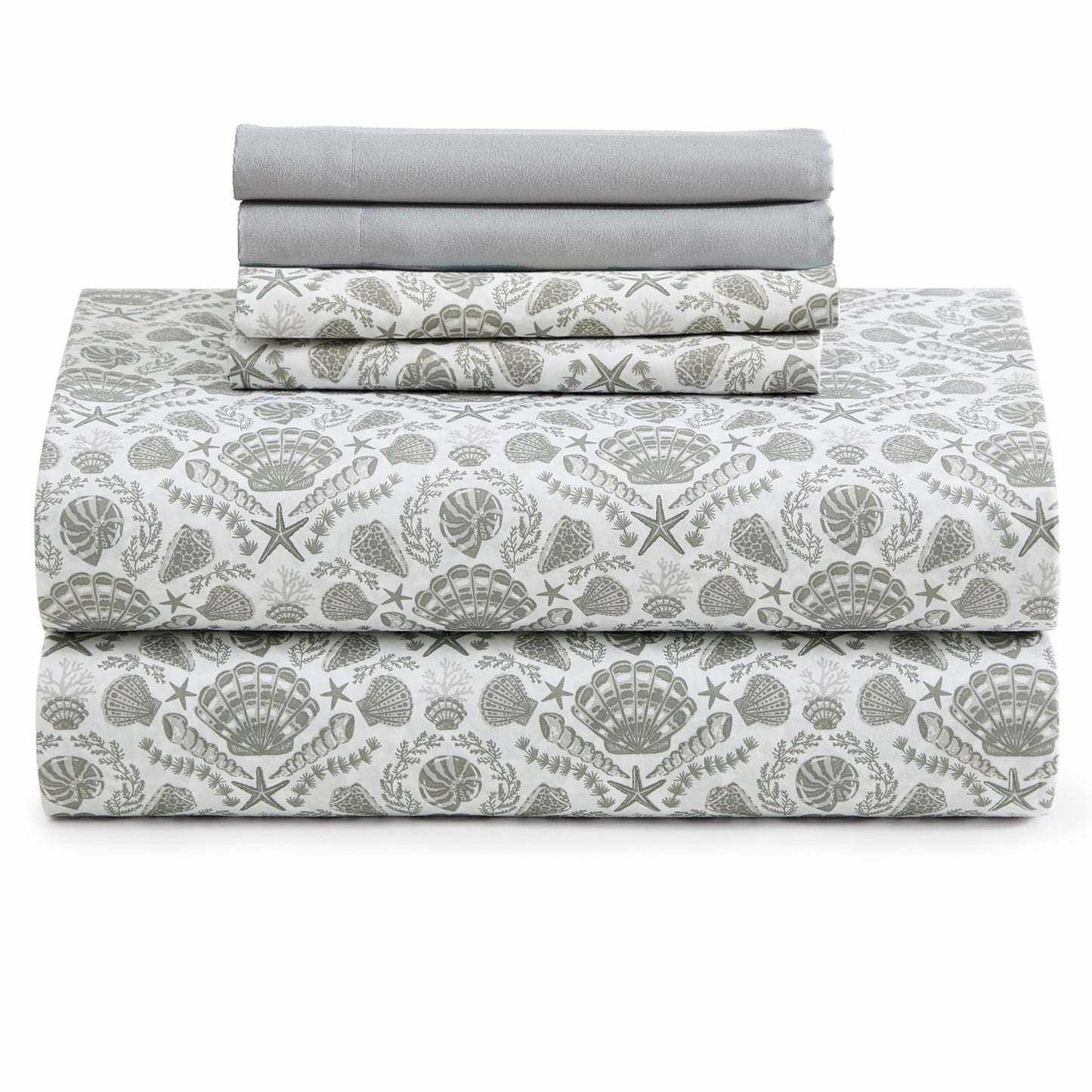 Caribbean Joe 6-Piece Sheet Set with Cooling Pillowcases, 12-inch Deep Pockets, Tropical Beach Coastal Design, Queen, Damask Shells