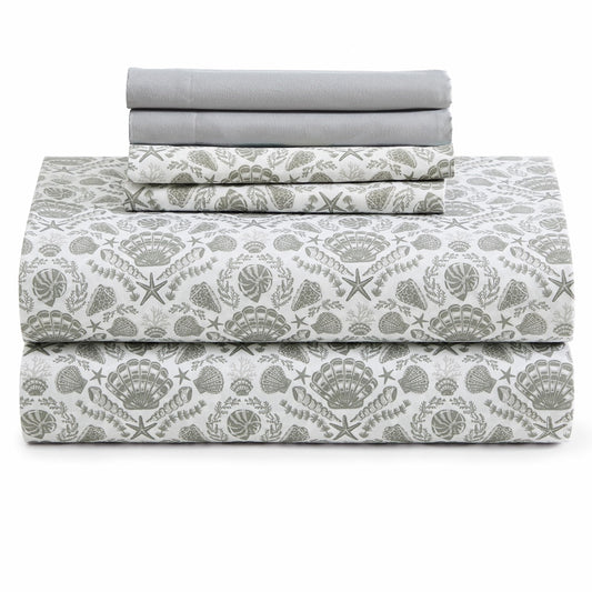 Caribbean Joe 6-Piece Sheet Set with Cooling Pillowcases, 12-inch Deep Pockets, Tropical Beach Coastal Design, Queen, Damask Shells