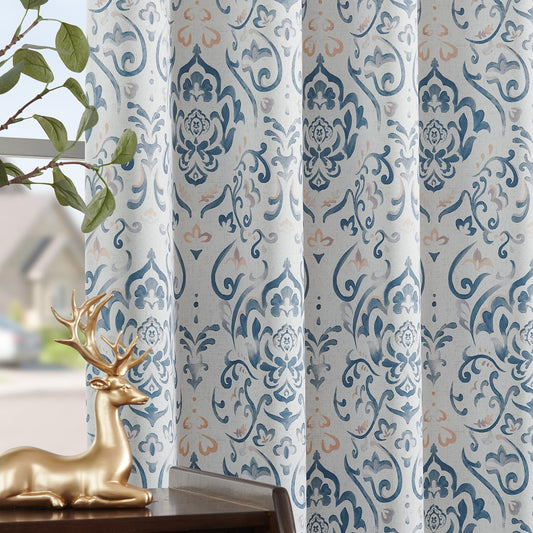 Lazzzy Blue Floral Damask Blackout Curtains 84 Inches Long for Living Room, Medallion Vintage Floral Watercolor Printed Room Darkening Treatments, Back Tab Thermal Insulated Drapes, 2 Panels