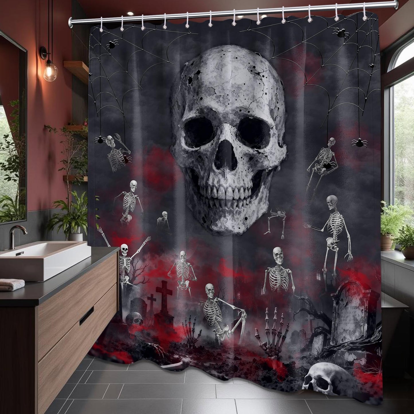 Keeuy Skull Gothic Shower Curtain, Red and Black, 72 x 72 Inch
