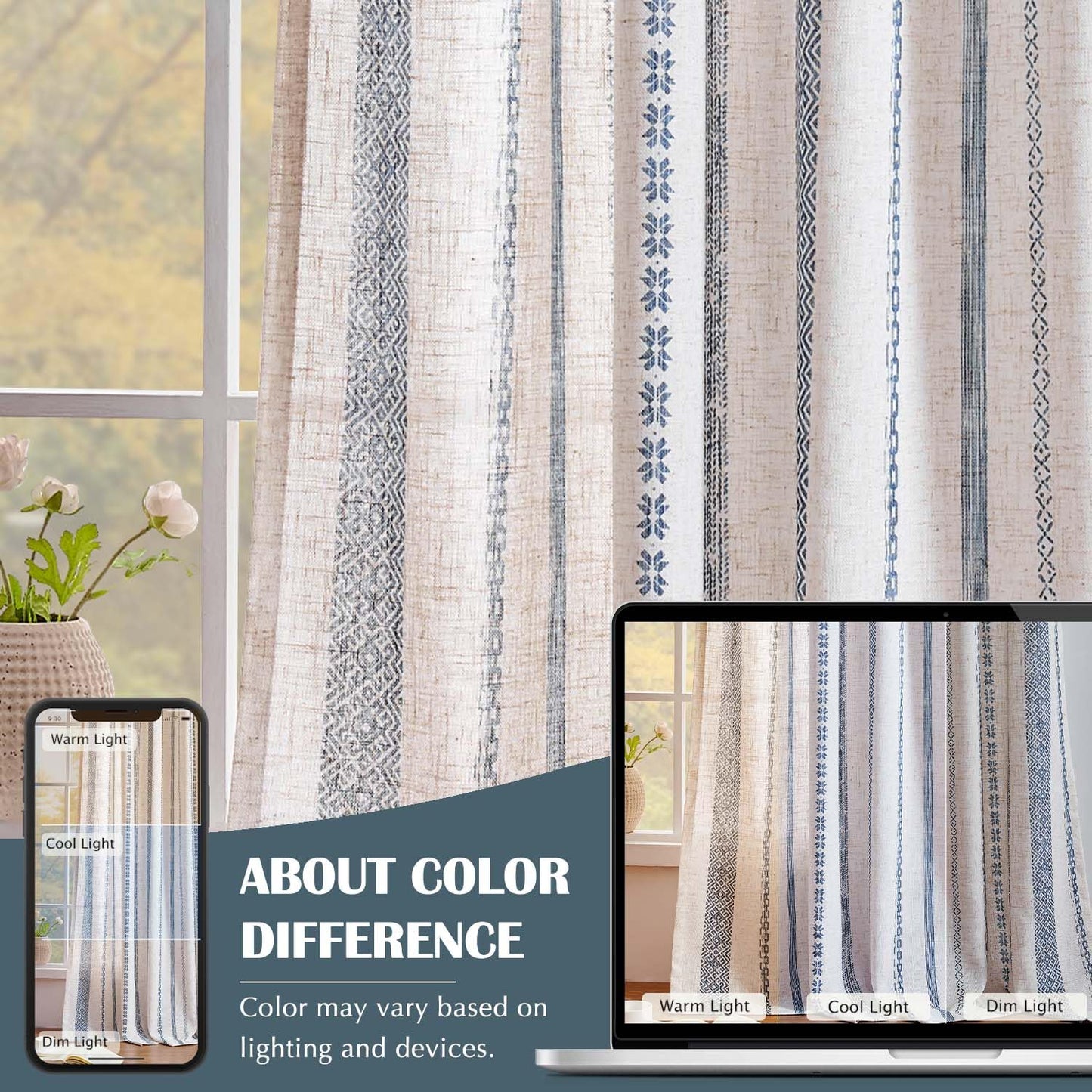 jinchan Linen Blend Boho Curtains for Living Room, 84 Inch Long Blue Printed on Beige Retro Farmhouse Bohemian Geometric Striped Drapes, Light Filtering Back Tab Curtains 2 Panels