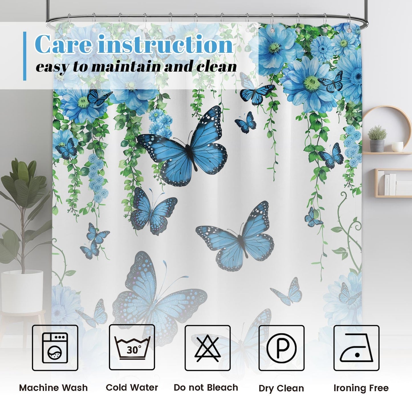 Pdvbiee Blue Butterfly Flower Shower Curtain, 70 X 72 Inch