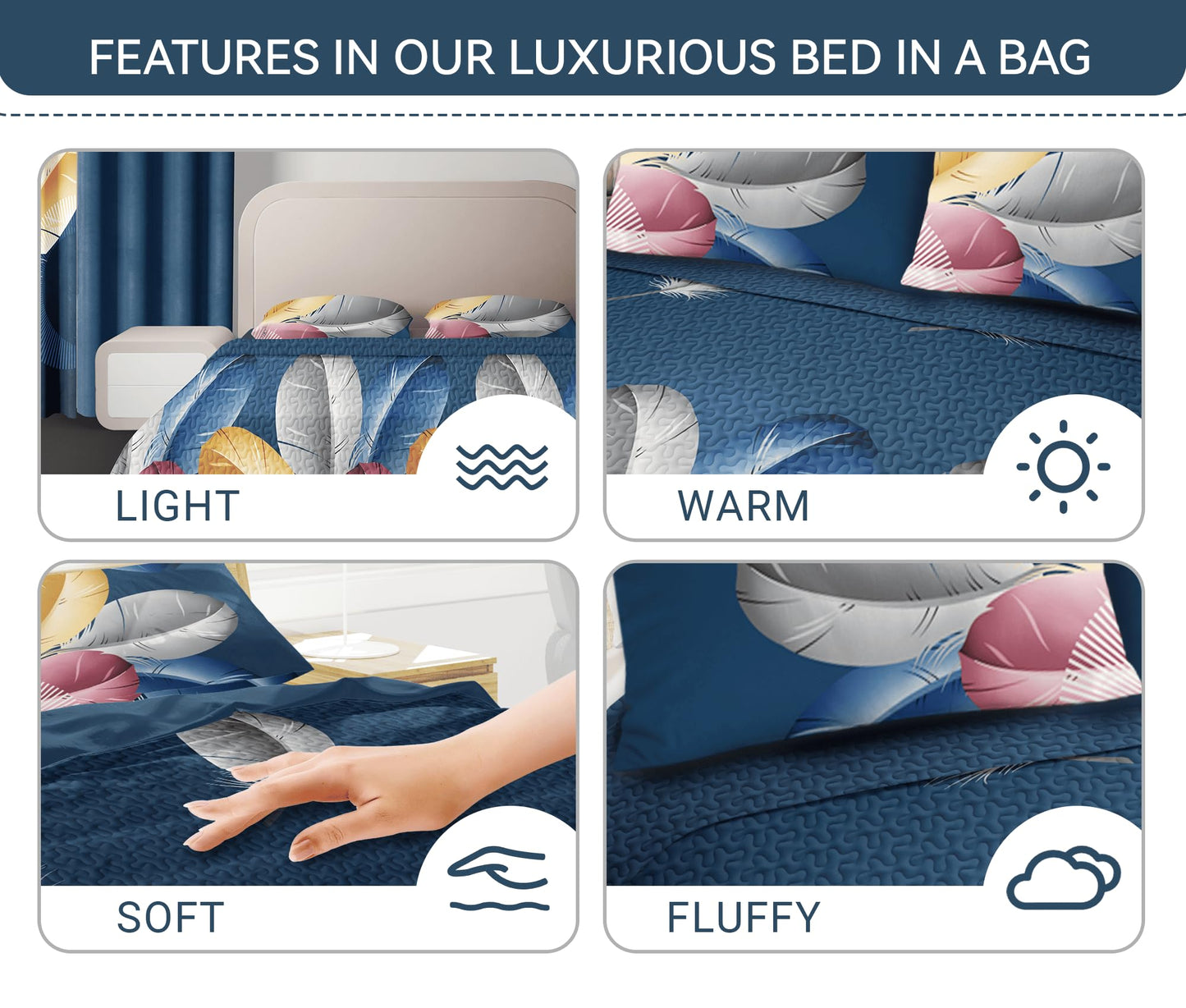 Luxury 9-Piece Blue Feather King Light Comforter Set, Bohemian Bed in a Bag King Bedspread with Matching Curtains Ultra Soft & Breathable All-Season Decor for Master Suite, Chic Home & Wedding Decor