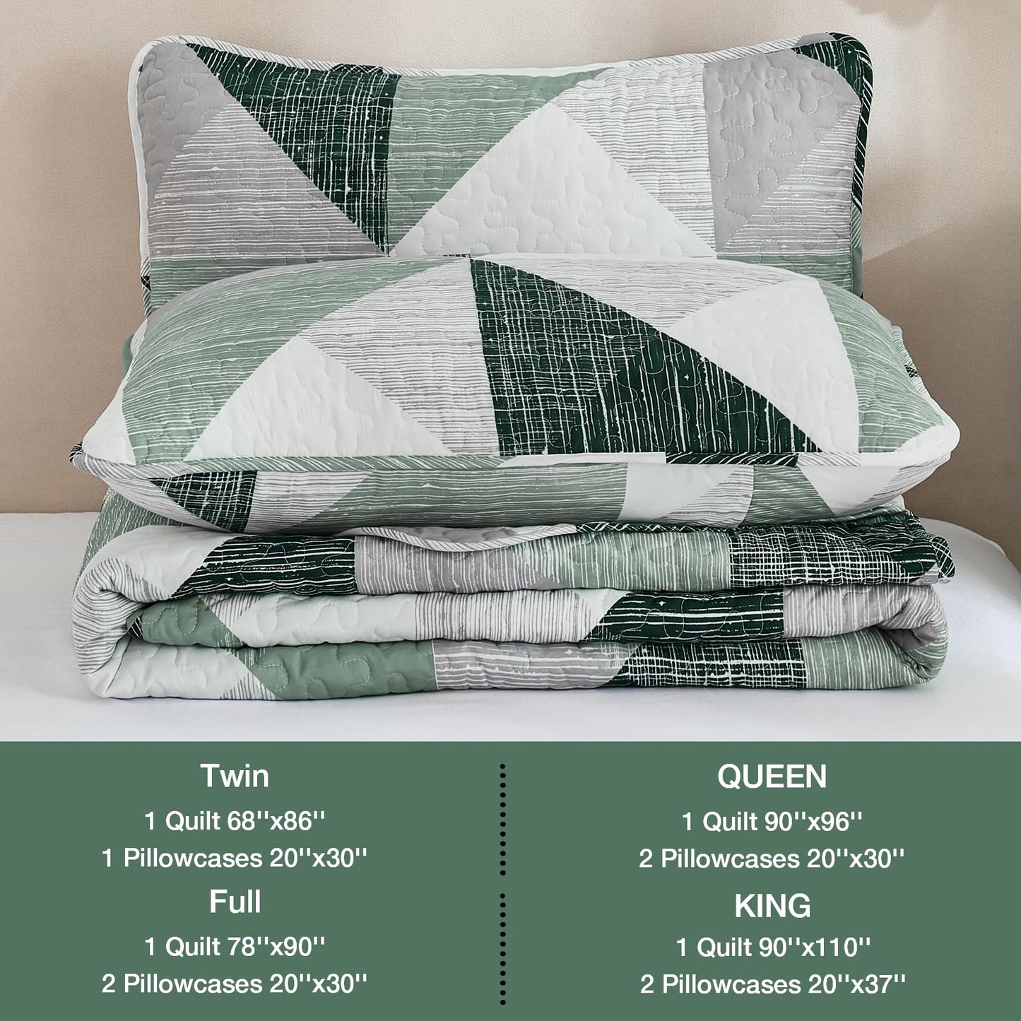 Dintszyayue Quilt Queen Size Green, 3 Pieces Patchwork Bedspread Bedding for Queen Size Bed, Soft Lightweight Microfiber Geometric Coverlet Set for All Season Quilt with 2 Pillowcases