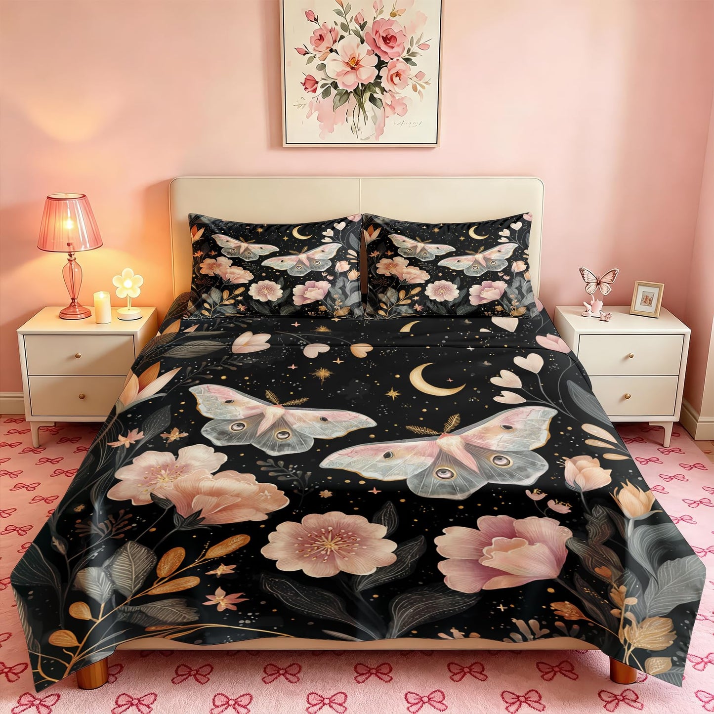 Pink Luna Moth Bedding Set 4 Pcs Girls Moon Star Queen Sheets