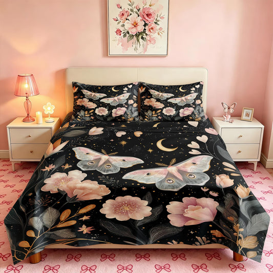 Pink Luna Moth Bedding Set 4 Pcs Girls Moon Star Queen Sheets