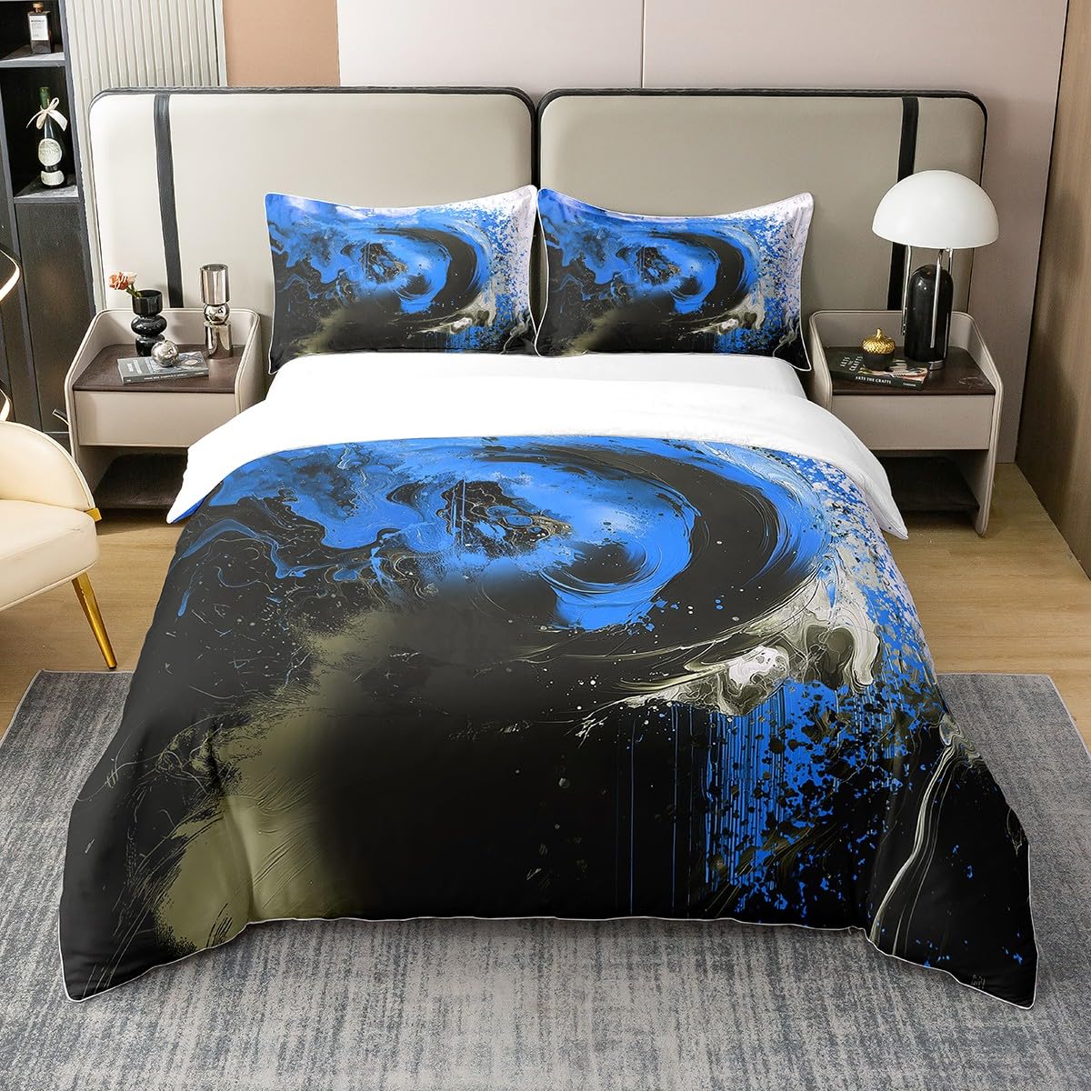 jejeloiu Steel Blue Duvet Cover 100% Cotton King Size Kids Abstract Geometric Comforter Cover for Boys Girls Teens Modern Art Bedding Set Breathable Soft Room Decor