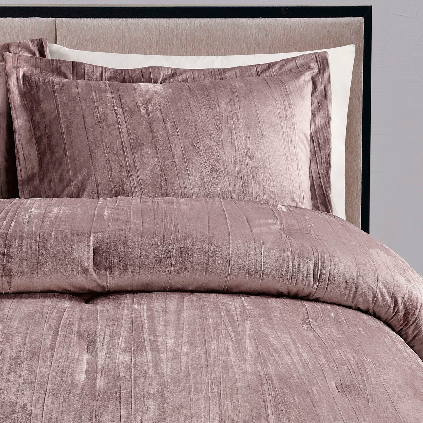 Fredsure Crinkle Velvet Comforter Set, 3 Pieces Dusty Mauve King, Crinkle Velvet Face and Brushed Microfiber Reverse, with Light Poly Fill