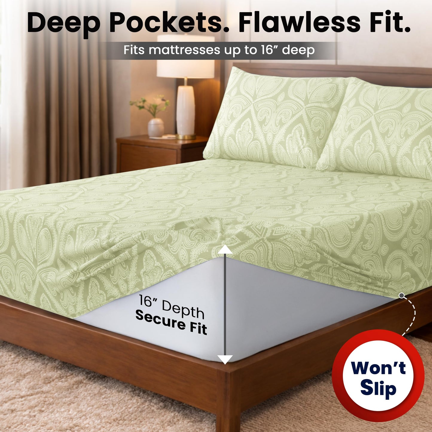 Ultra Soft Wrinkle-Free Microfiber Paisley Twin XL Sheet Set, Cute Floral Pattern Boho Print – 16" Deep Pocket Fitted Sheet, Flat Sheet & 2 Pillowcases, Breathable, OEKO-TEX - Ivory