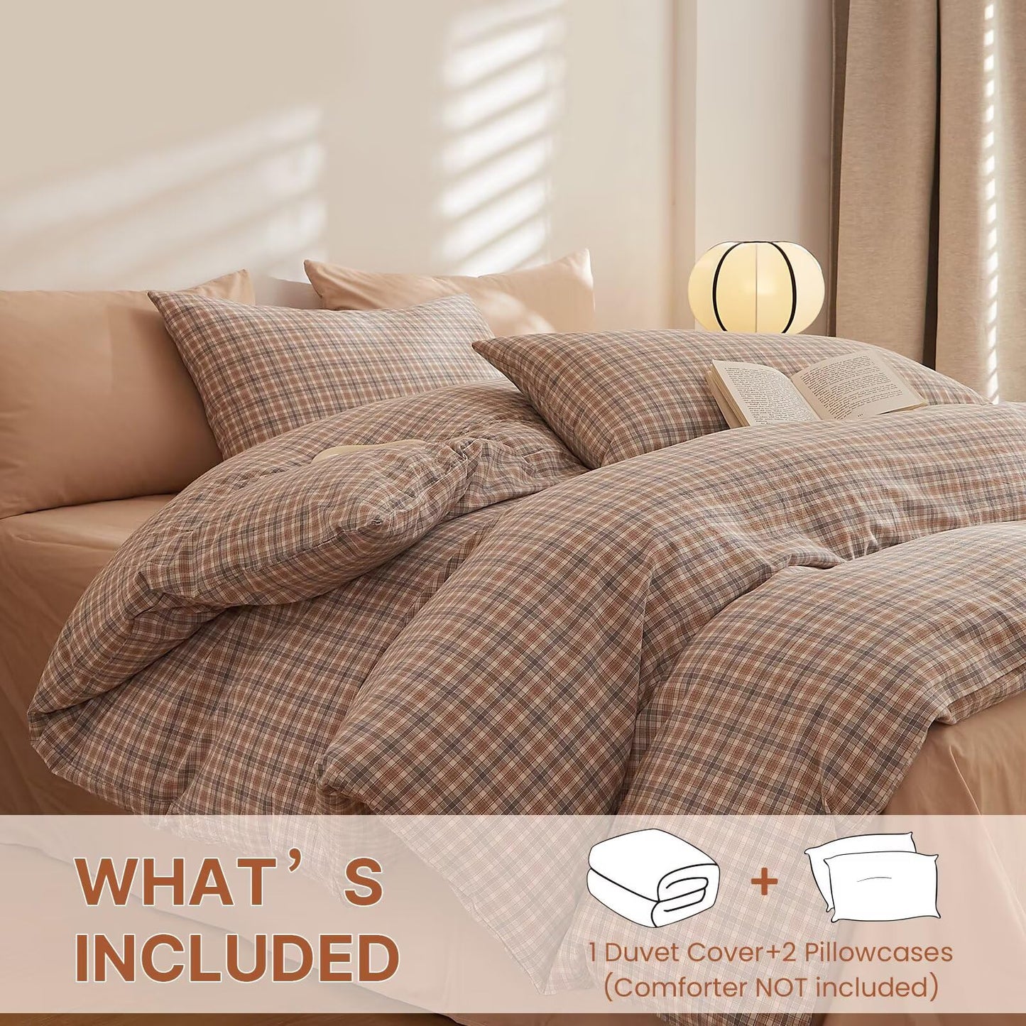 AMZTOP Plaid Queen Size Duvet Cover Set 100 Cotton,1 Duvet Cover and 2 Pillowcases,Soft Comfy Breathable Comforter Covers Bed Set,Washed Cotton Zipper Closure Queen Bedding 90"×90"