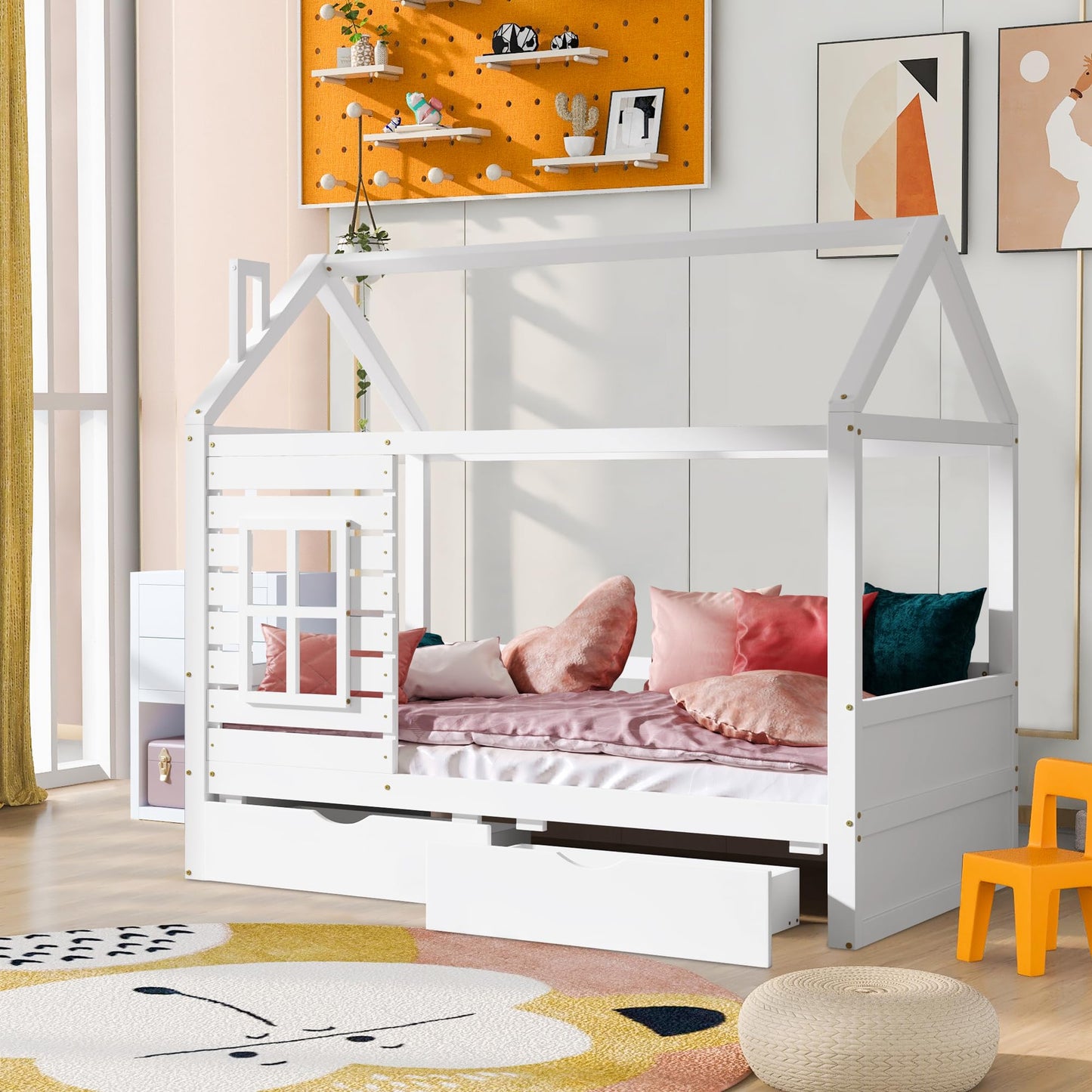 HUMEHA Full Size House Bed for Kids with 2 Storage Drawers, Full Playhouse Bed Frame with Roof and Window, Kids Full Size Bed Frames with Slats, Modern Wooden Montessori Bed for Bedroom, Full-White