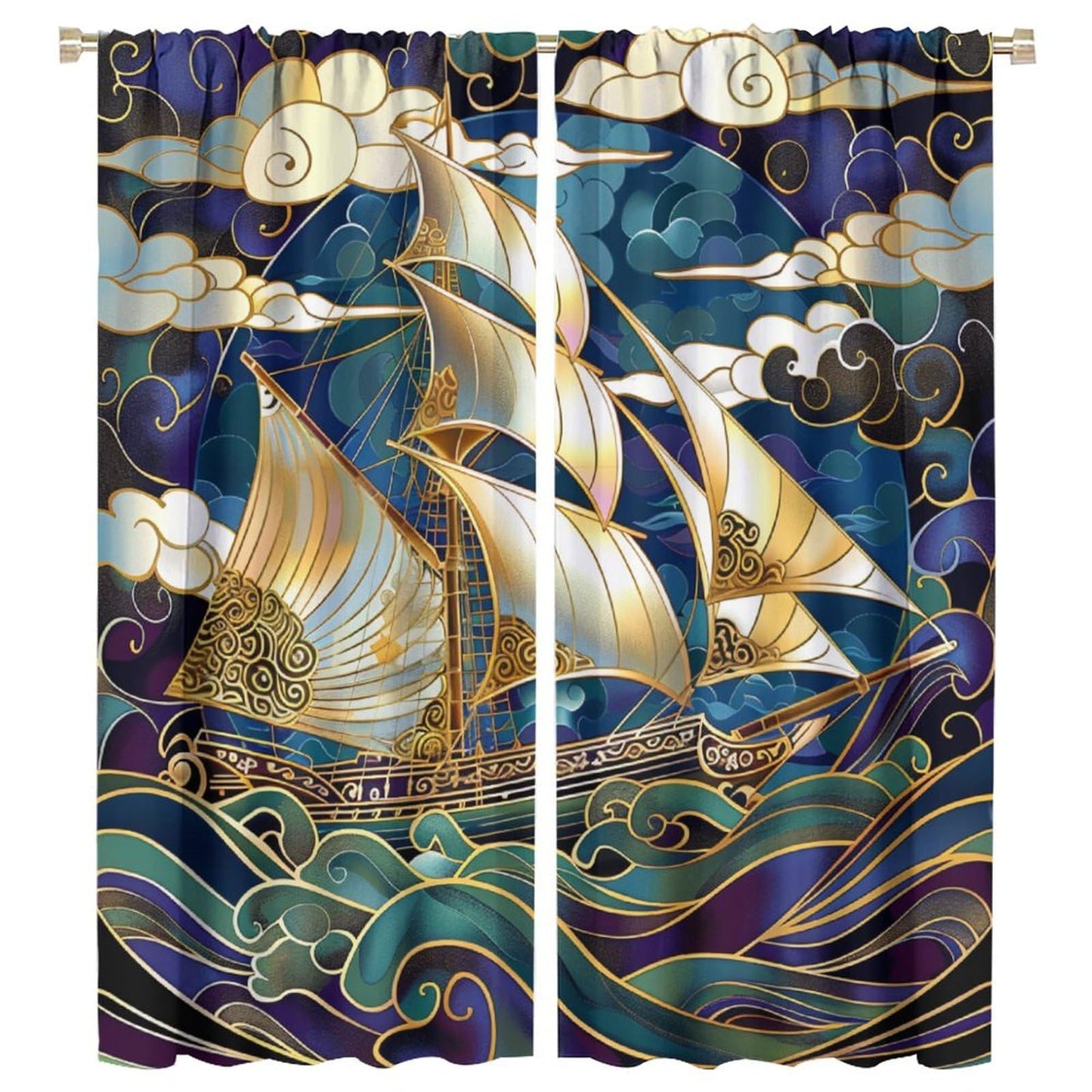 TOWINSFB Abstract Ocean Wave Sailboat Blackout Curtains for Living Room Bedroom, Fantasy Nautical Ship Cloud Window Curtains Rod Pocket Thermal Insulated Window Drapes, 2 Panels, Each 21W x 45L