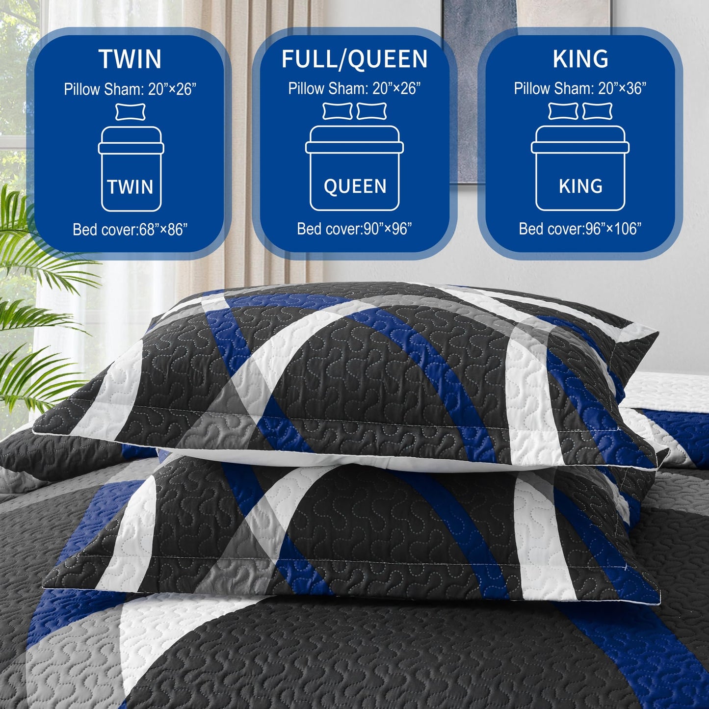 weesire Black and Blue Bedding Quilt King Size with 2 Shams, Modern Stripe Comforter Sets Classic Line Pattern Bedspreads Grey and Blue Coverlet, 96''x106''