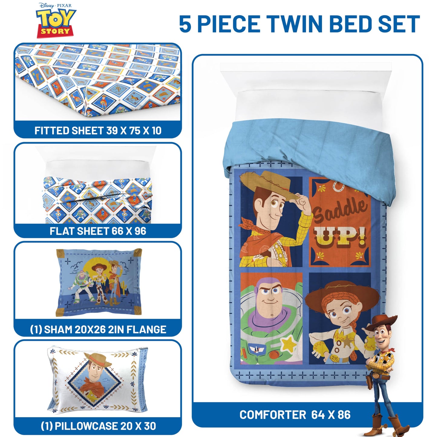 Jay Franco Kids Bed Set, Blue, Toy Story, 5 Piece Twin
