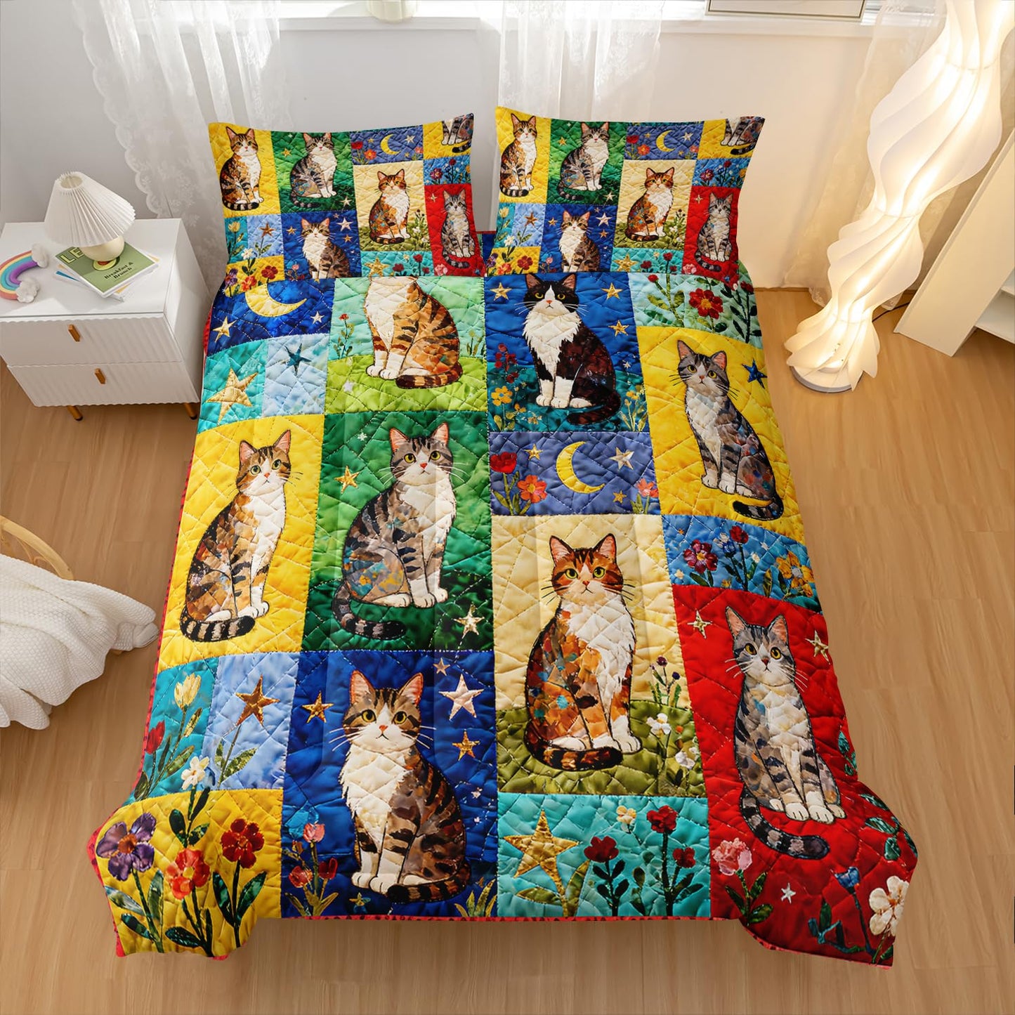 Nttopship Cartoon Cat Comforter Set Full Size 3PCS,Cat Puzzle Bedding Set for Teen Adult,Floral Cat Animal Themed Room Decor Ultra-Soft Lightweight Microfiber with 2 Pillowcases