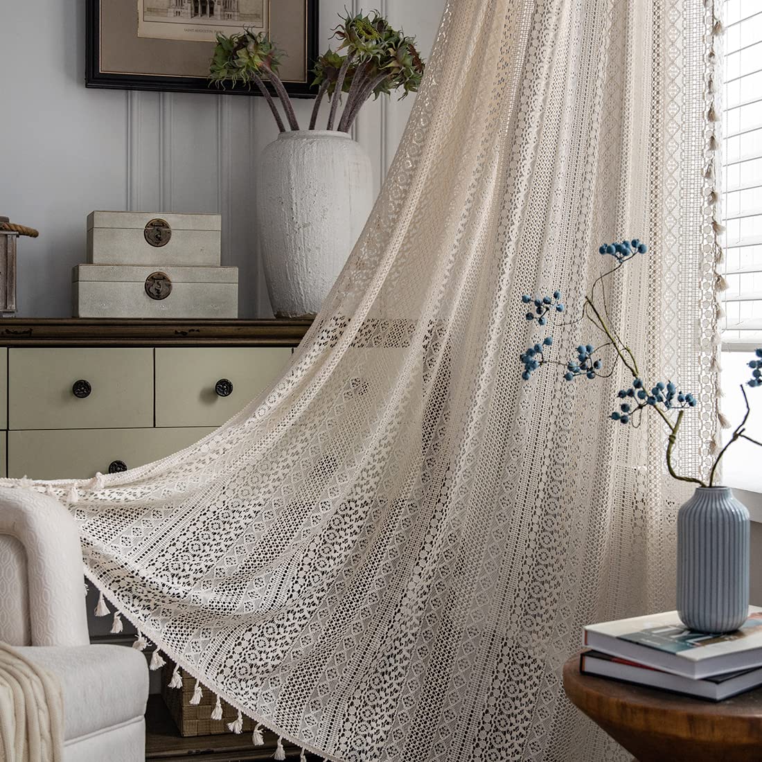 Colorigan Boho Curtains for Living Room Bedroom, 84 inch Length 2 Panels Set Cotton Linen Semi Sheer Farmhouse Window Curtains with Tassels & Rod Pocket, Beige Lace Crochet Rustic Long Curtain Drapes