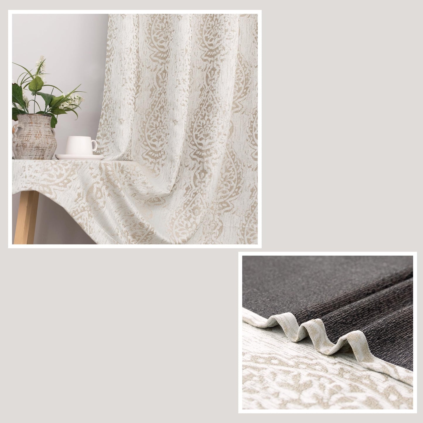 Taupe Neutral Patterned Curtains for Living Room, 84 Inch Long Semi Blackout Elegant Damask Geometric Textured Pattern Printed Light Blocking Window Curtain Drapes for Bedroom Dining, Tan Brown Beige