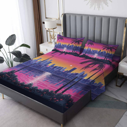 zcsm Tropical Palm Tree Sheets King Sheet Sets - Neon Hawaiian City Bed Sheets, Soft Microfiber & Deep Pocket & Wrinkle Free Bedding Sheets & Pillowcases, 1 Fitted Sheet, 1 Flat Sheet, 2 Pillow Cases