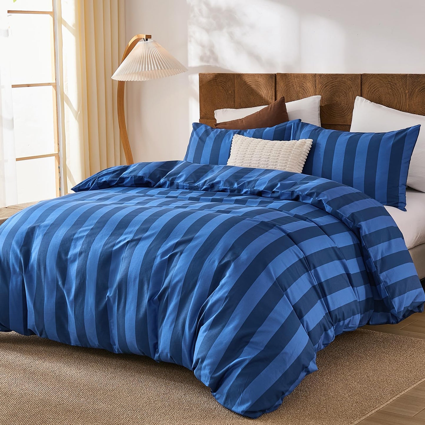 Merryword Blue Striped Comforter Set King Size, 100% Cotton Reversible Comforter Set 3 Pcs, Luxury Linen Like Bedding, Soft Breathable Lightweight Comforter for All Seasons