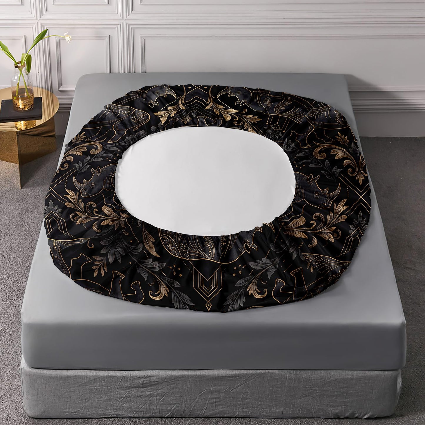 AILONEN Elephant Scroll Twin XL Fitted Sheet Set, Charcoal Ornate Printed Bedding with 2 Pillowcases, 16 Inch Pocket, Student Apartment Bedroom