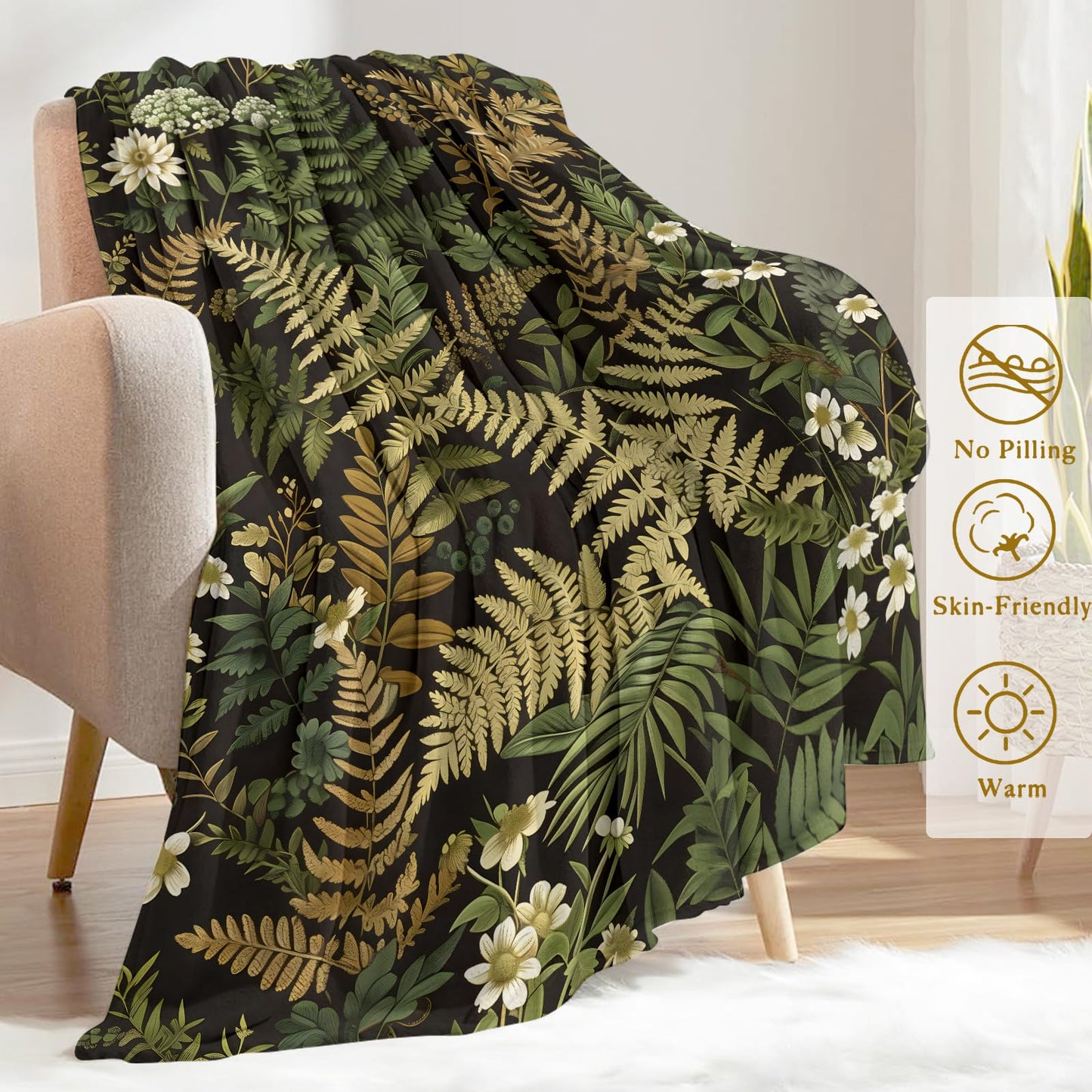 ainori Botanical Flannel Blanket - Lightweight Soft Cozy Unique Gifts Blankets for Nature Lovers,Kids,Adult,Women,Wildflower Plant Fern Leaves Throw,Home Room Modern Forest Decor 50x60in