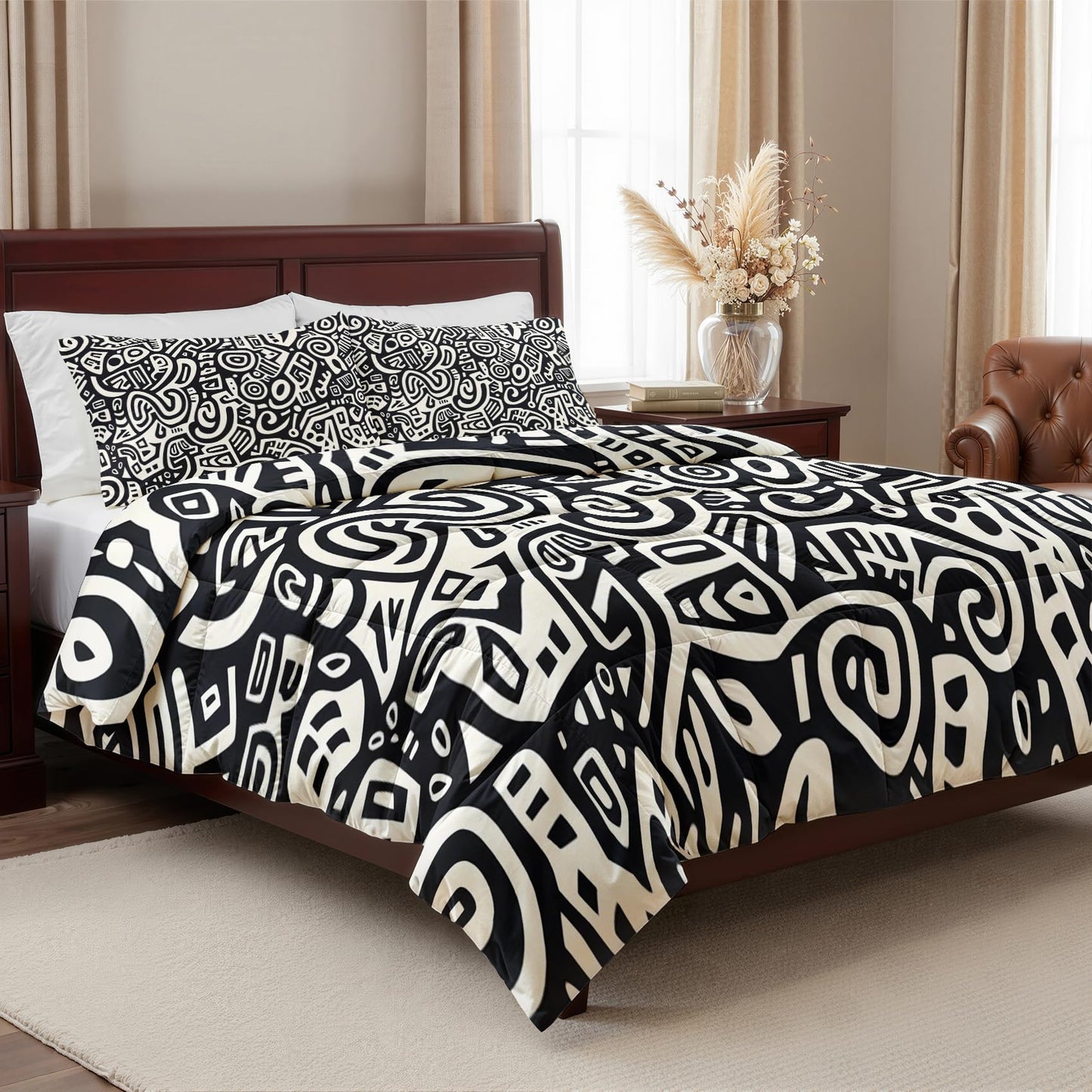 Abstract Art Comforter Set Queen Size 3 Pcs - All Season Comforter & 2 Pillowcases, Black and White Bedding Set, Soft Lightweight Down Alternative Duvet Insert, Tribal Graffiti Bedroom Decor
