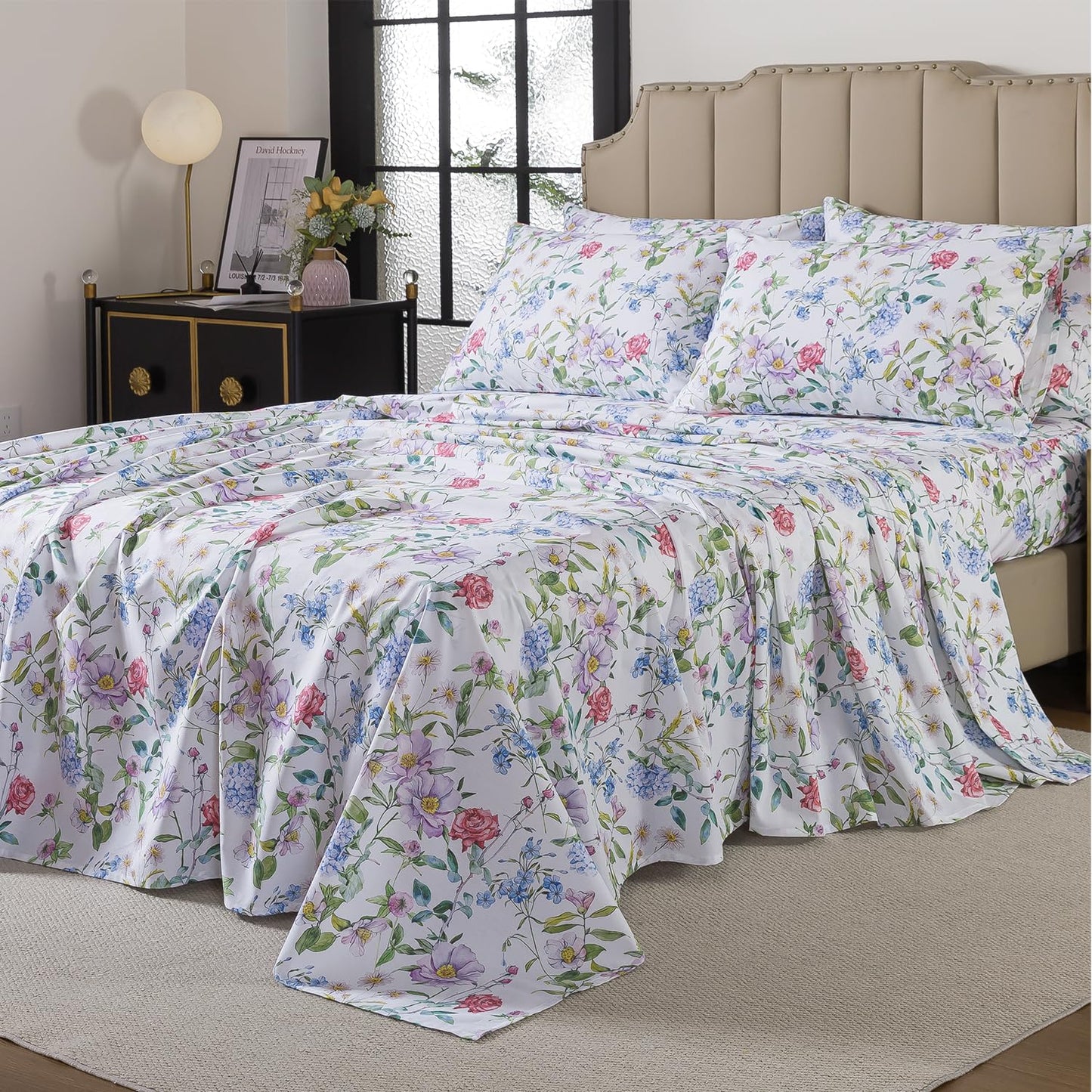 FADFAY Garden Floral Queen Sheet Set, 100% Cotton Botanical Print Bedding, Soft Breathable 4-Piece Bed Sheets with Deep Pocket, All Season